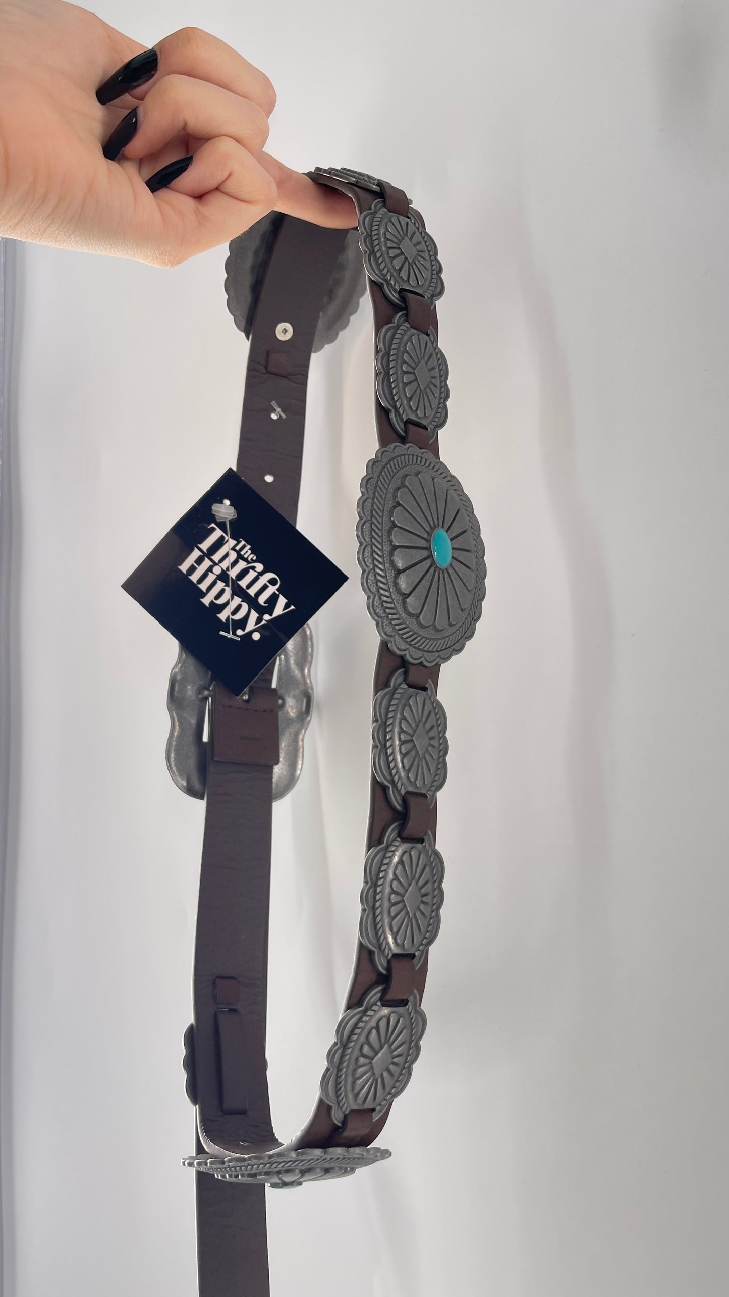 Free People Brown Leather Belt with Heavy Duty Metal Engraved (Small)
