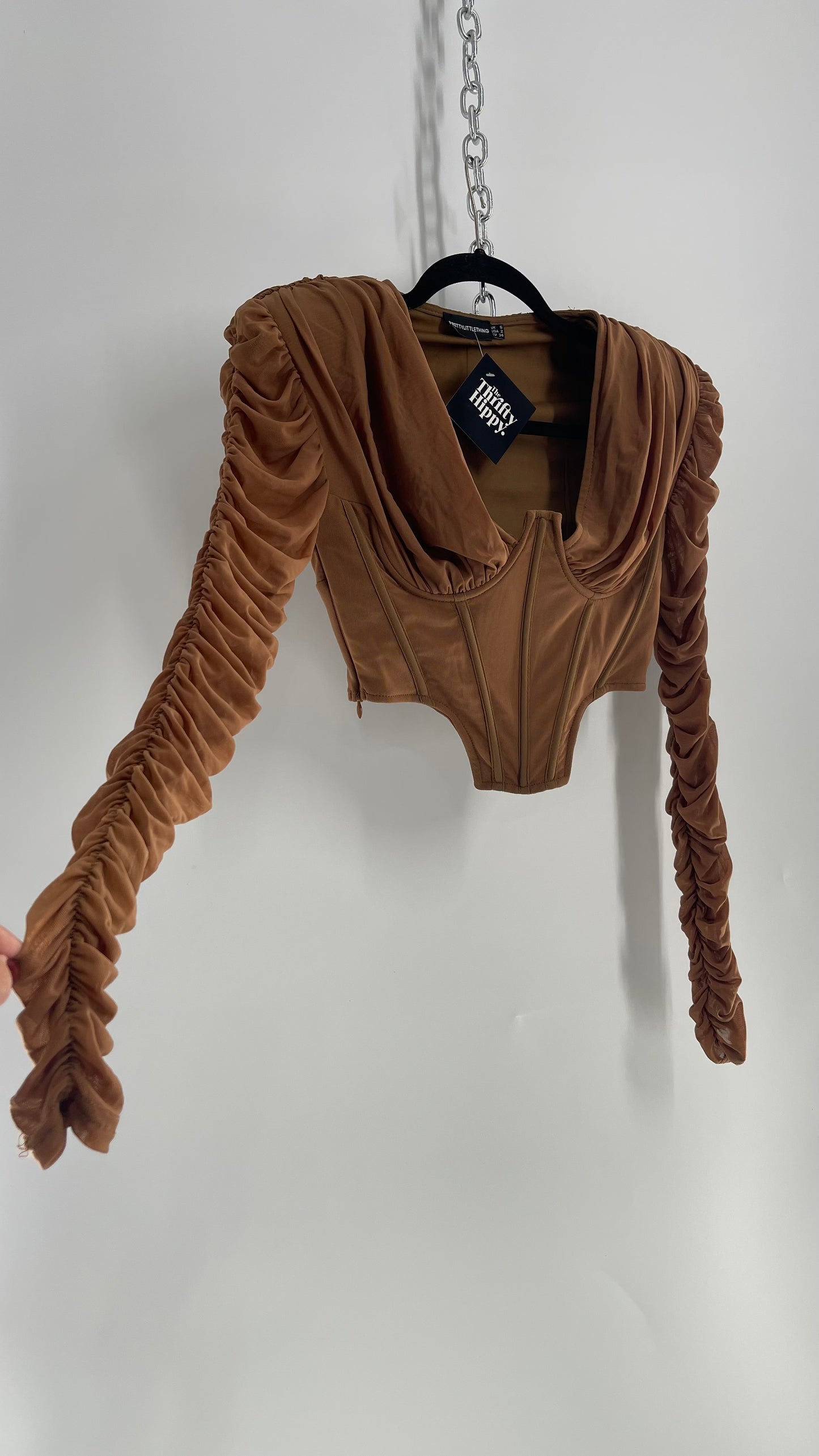 PRETTY LITTLE THING Brown Ruched Sleeve, Draped Bust, Corset Top (XS)