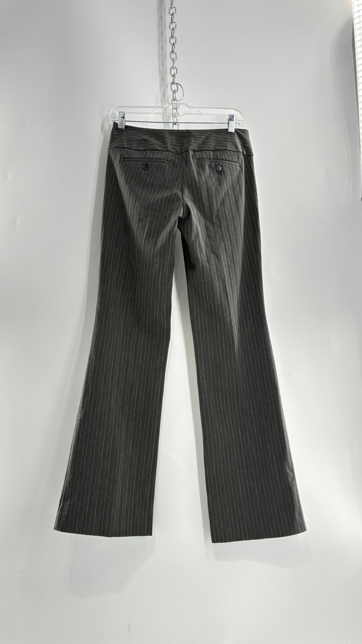 Vintage 1990s EXPRESS Editor Dark Grey Pinstripe Ultra Low Rise Thick Hip Band Kick Flares (2)