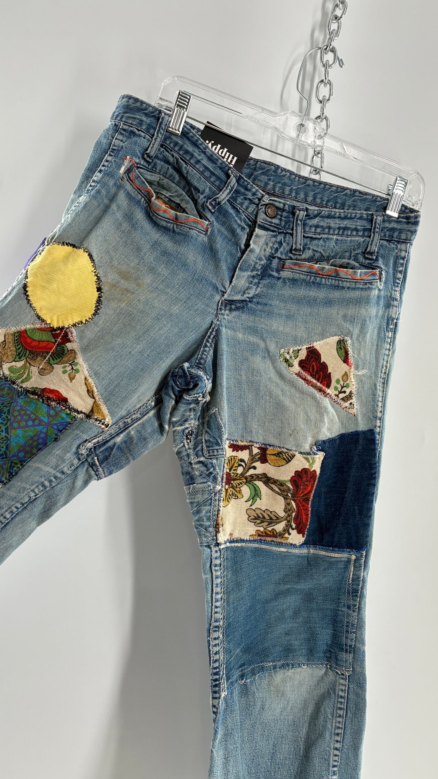 Vintage Rare 1970s Light Wash, Low Rise Boot Cut Jeans with Hand Stitched Tapestry Style Patches and Purple Heart on Bum (Measurements Below)