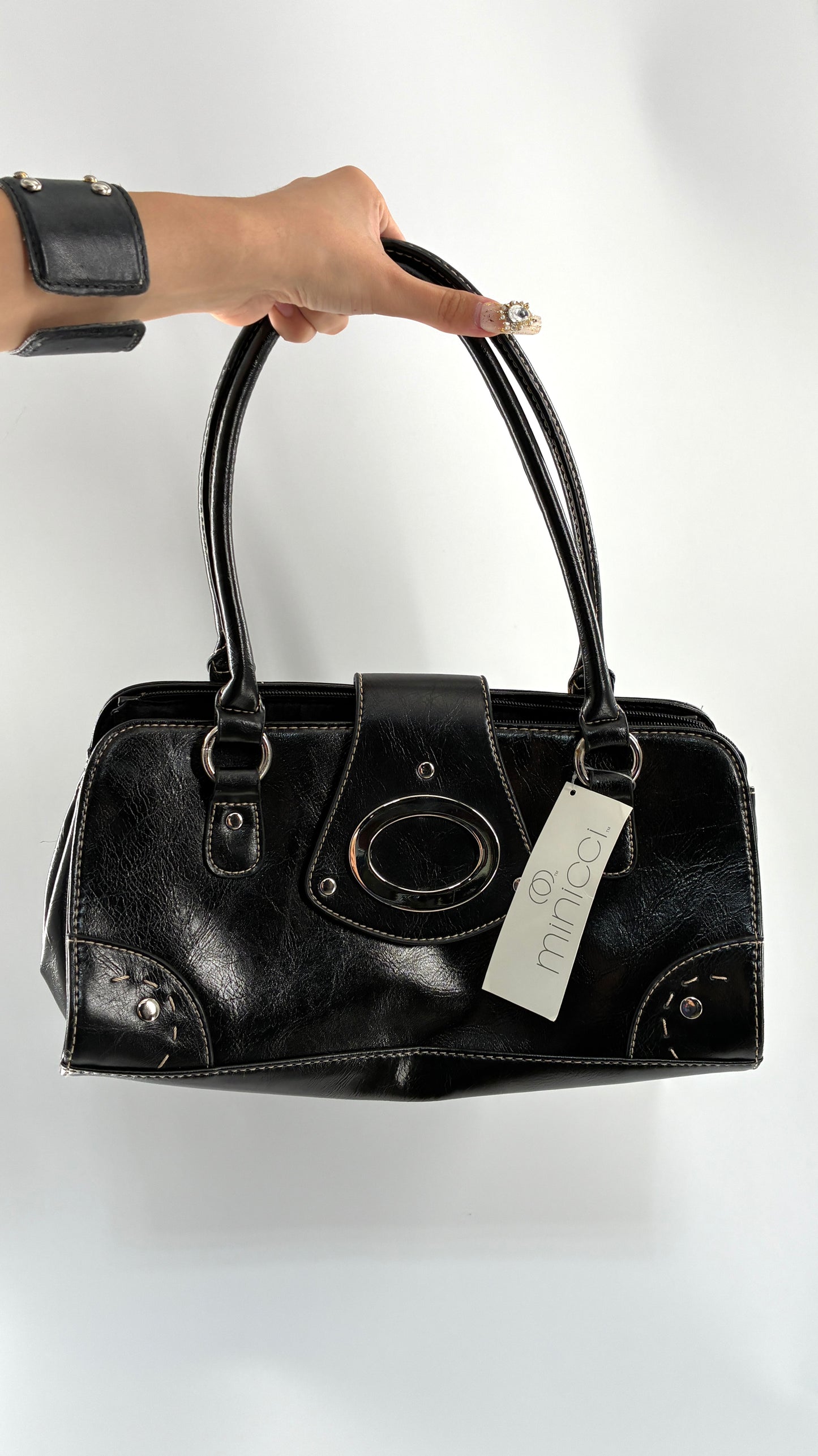 Deadstock Vintage MINICCI Black Shoulder Bag With Silver Hardware, Exaggerated Stitching