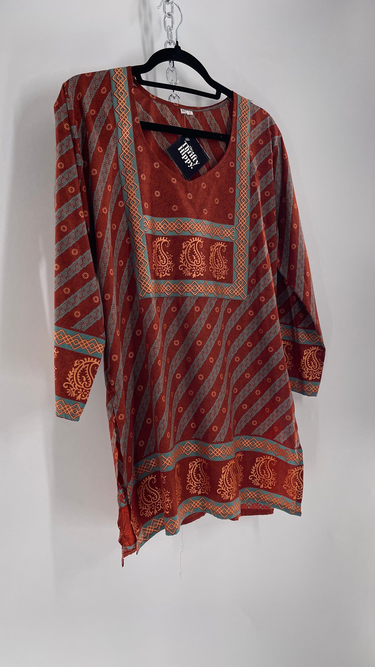 Vintage 1970s Indian 100% Silk Tunic Burnt Orange, Teal and Gold (40)