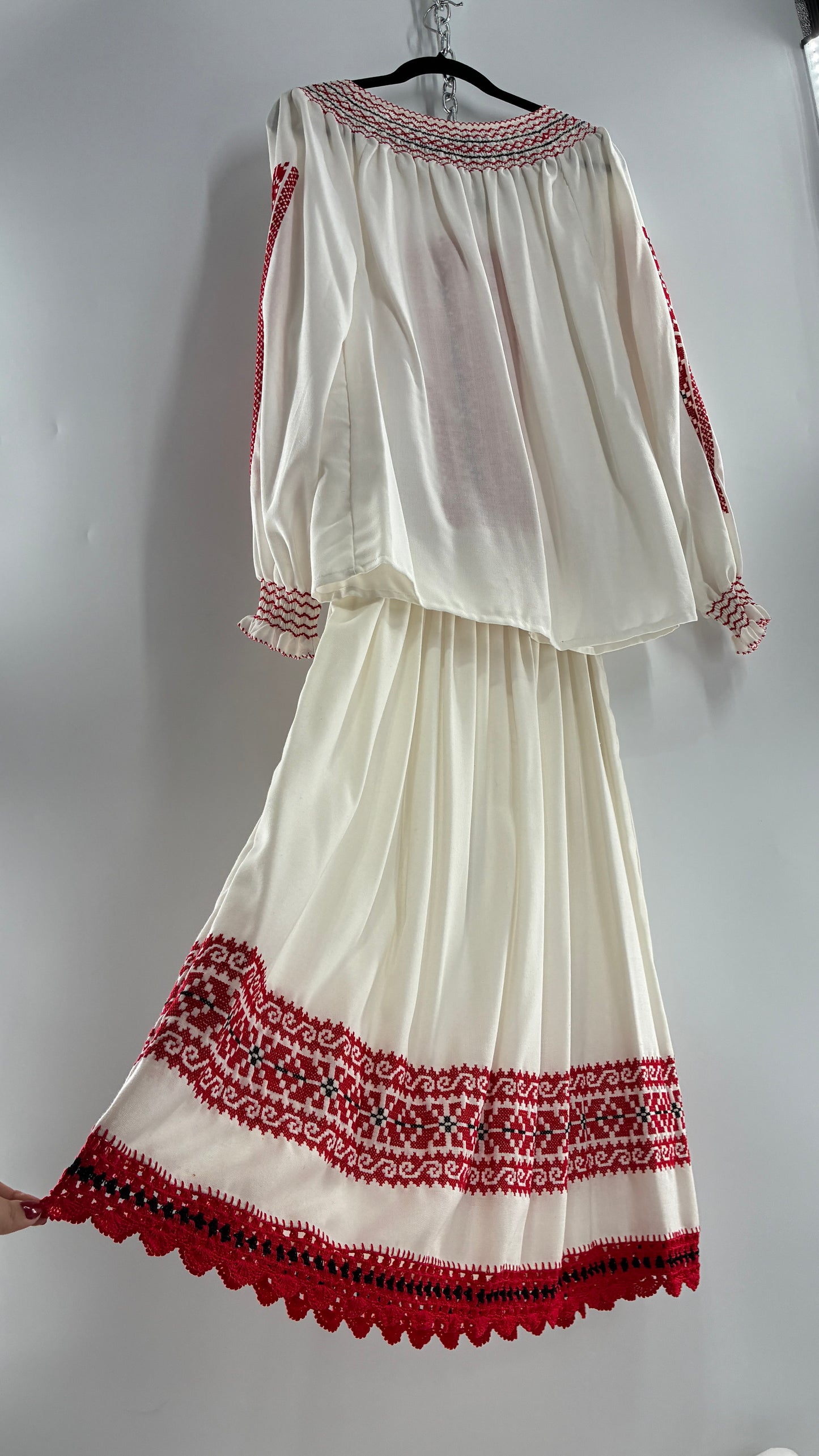Vintage 1970s LUX FOLKLOR Budapest Handmade Cotton Long Sleeve and Skirt Covered in Red Embroidery and Stitching