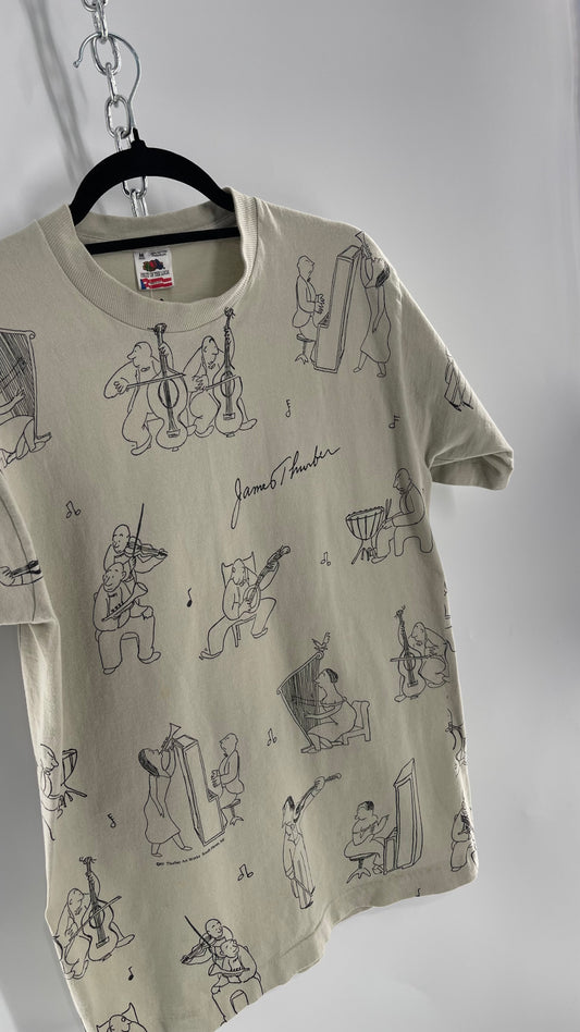 Vintage James Thurber Welcome to the Opera Beige Doodle Comic Sketch T Shirt (M)