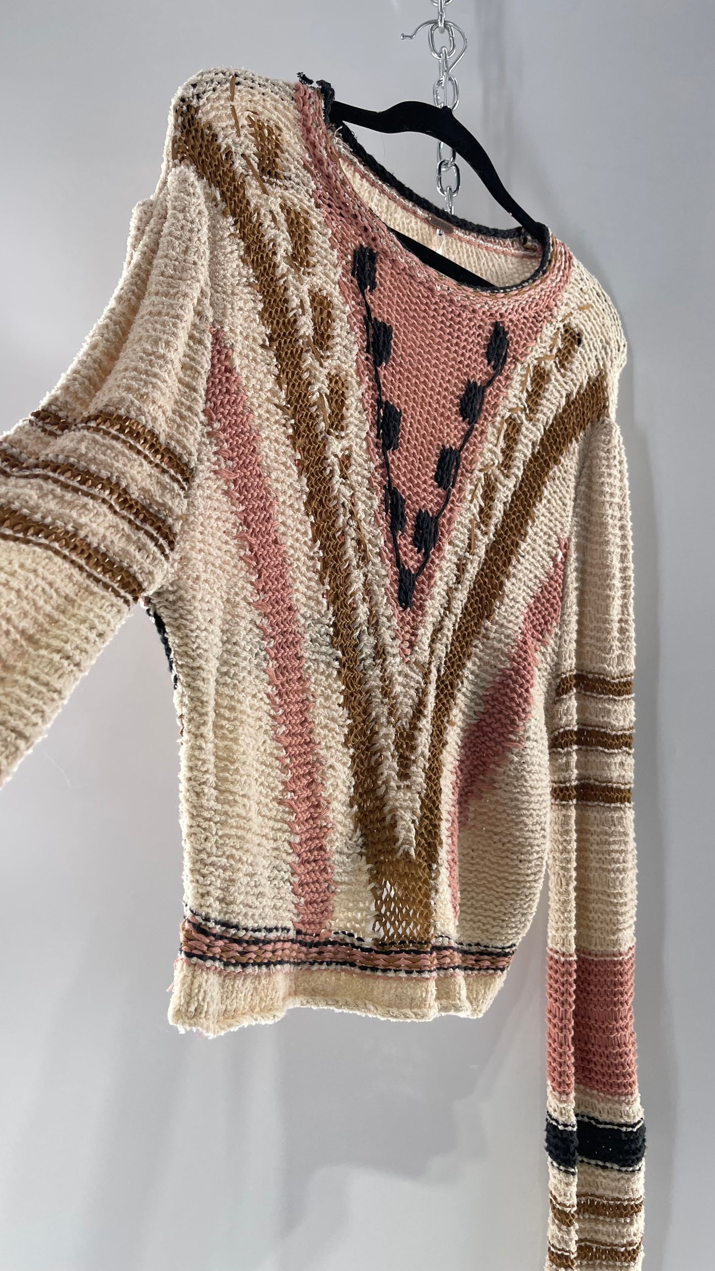 Free People Beige Slouchy Sweater with Dusty Pink, Tan and Black Striping Detail (Medium)