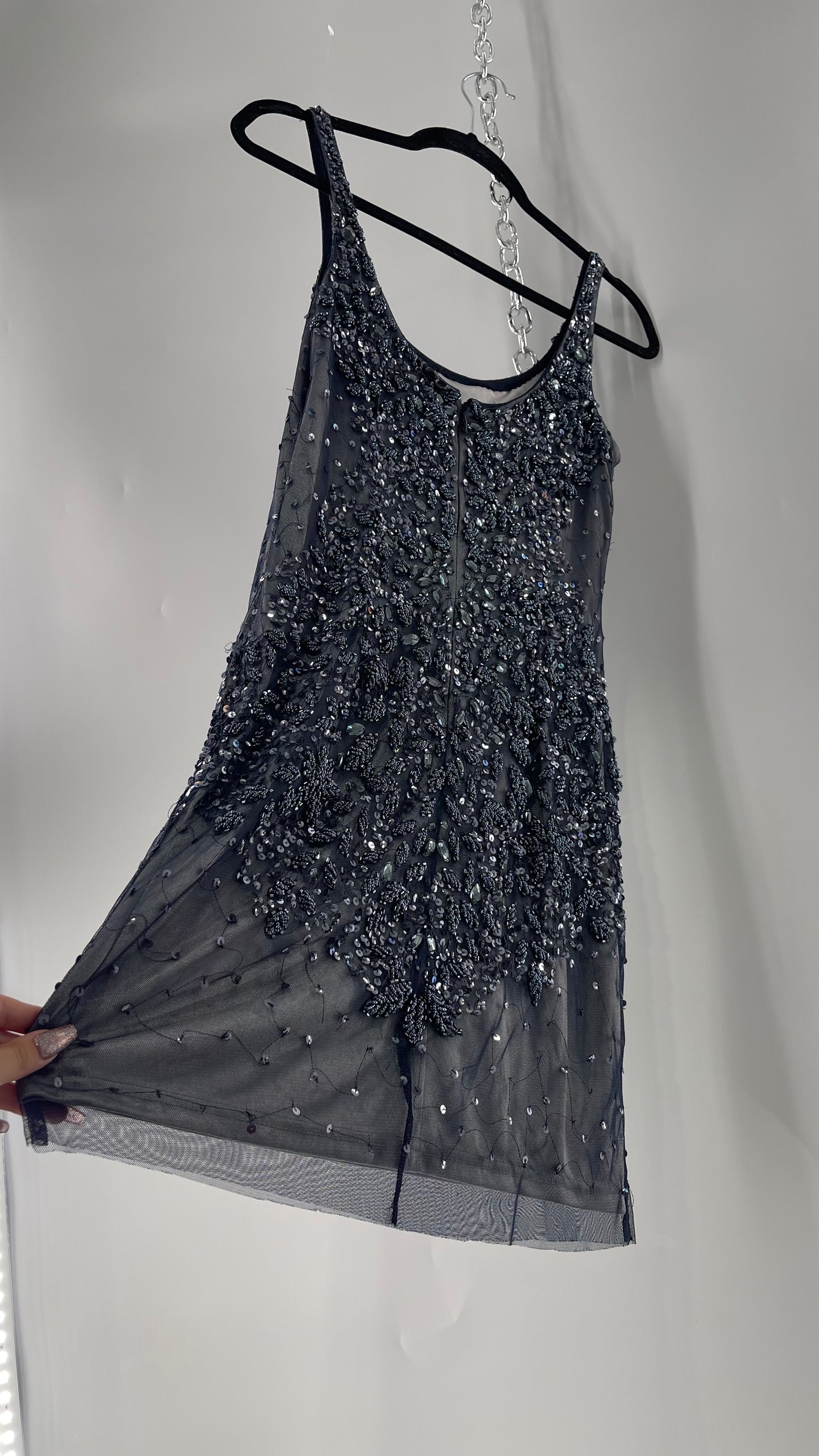 Vintage Cache Moonlight Grey/Navy Blue Tunic Mini Dress with Accentuating Placement of Beads, Sequins and Embroidery Details (2)