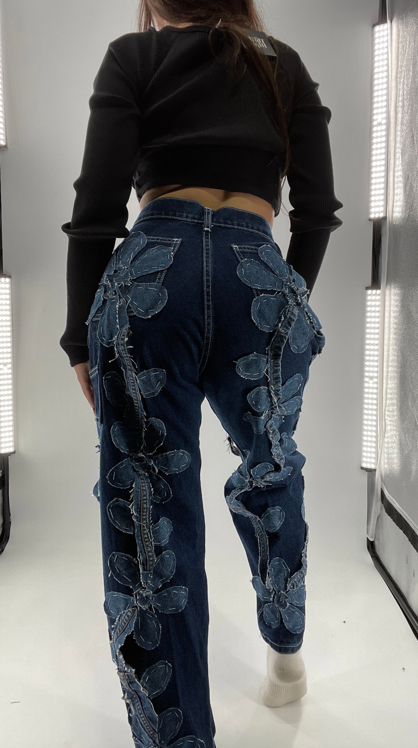 Handmade CUSTOM Dual Denim Tone Floral Vine Cargo Denims (S)