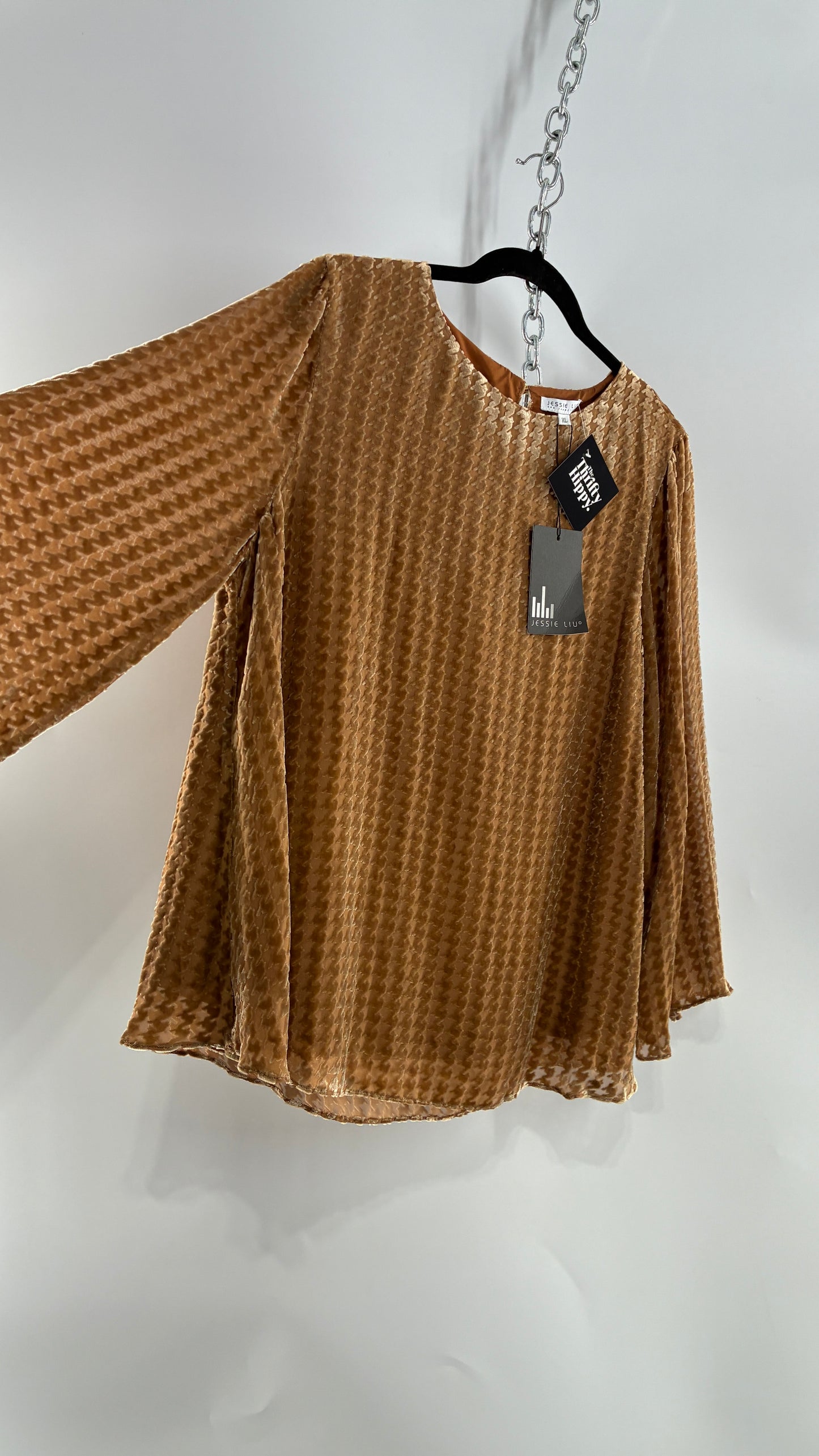 JESSIE LIU Lainey Bell Sleeve Burn Out Effect Silk Blouse (XL)
