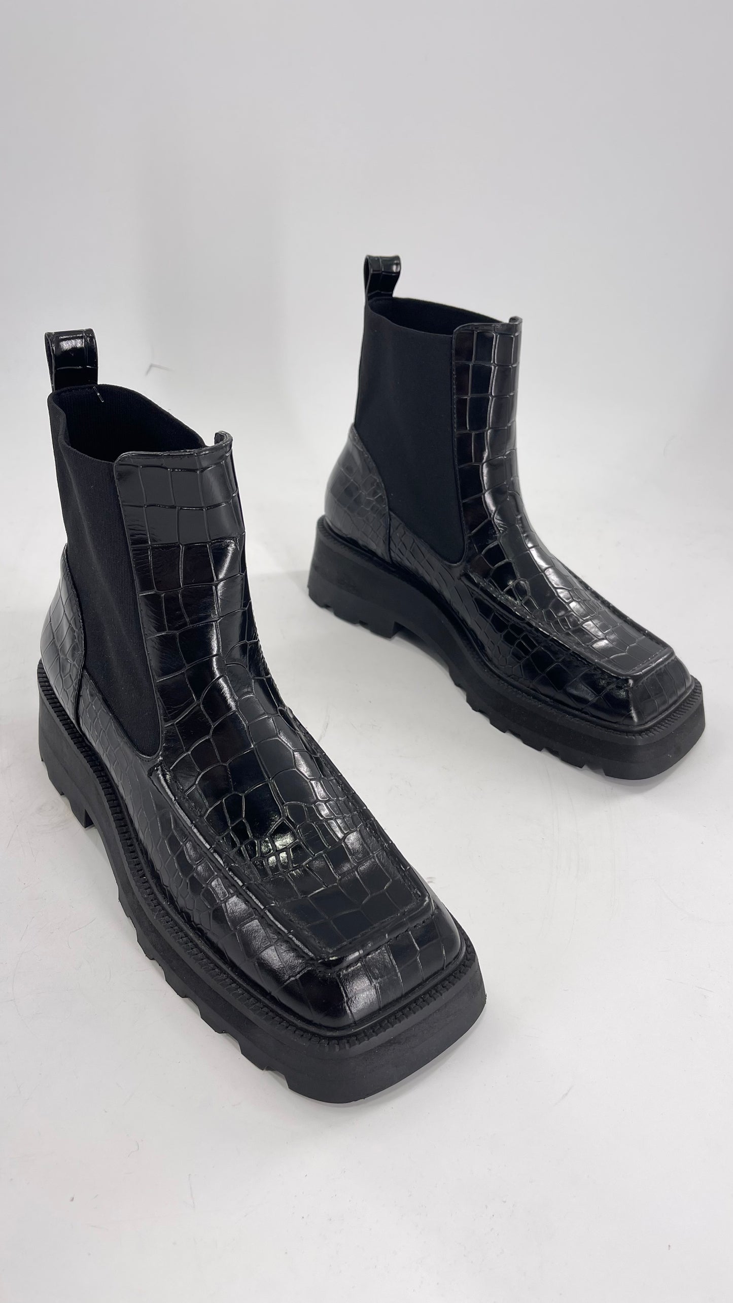 INTENTIONALLY Black Patent Crocodile Embossed Extreme Square Toe Boots (10)