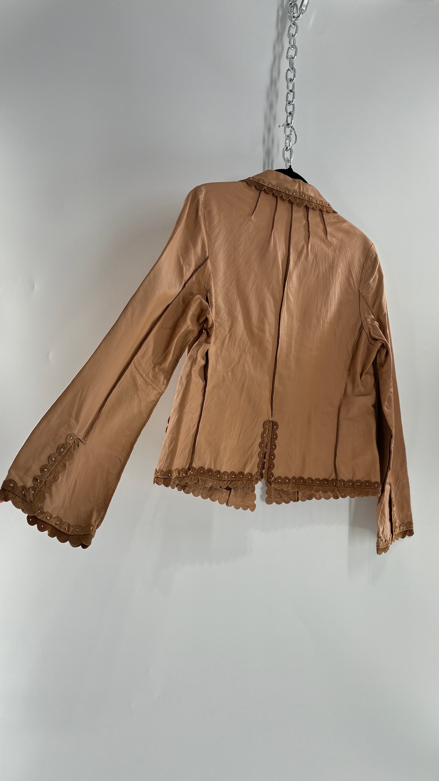 RARE Deadstock Vintage Cami Brown Thin Leather Jacket with Suede Scalloped Trim (12)