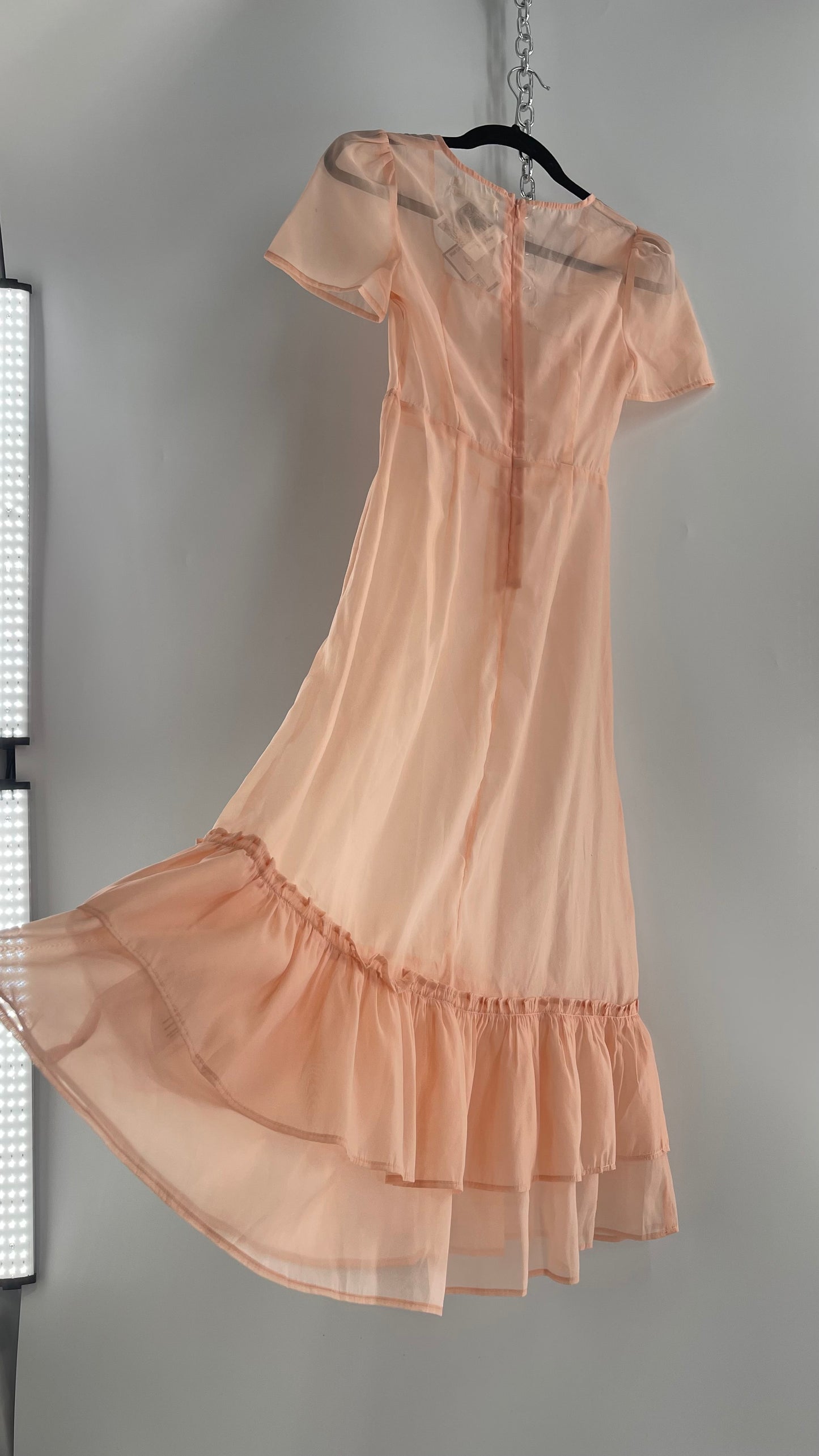 Urban Outfitters Pink/Peach Voile Vintage Inspired MIDI Dress with Ruffled Hem (XS)