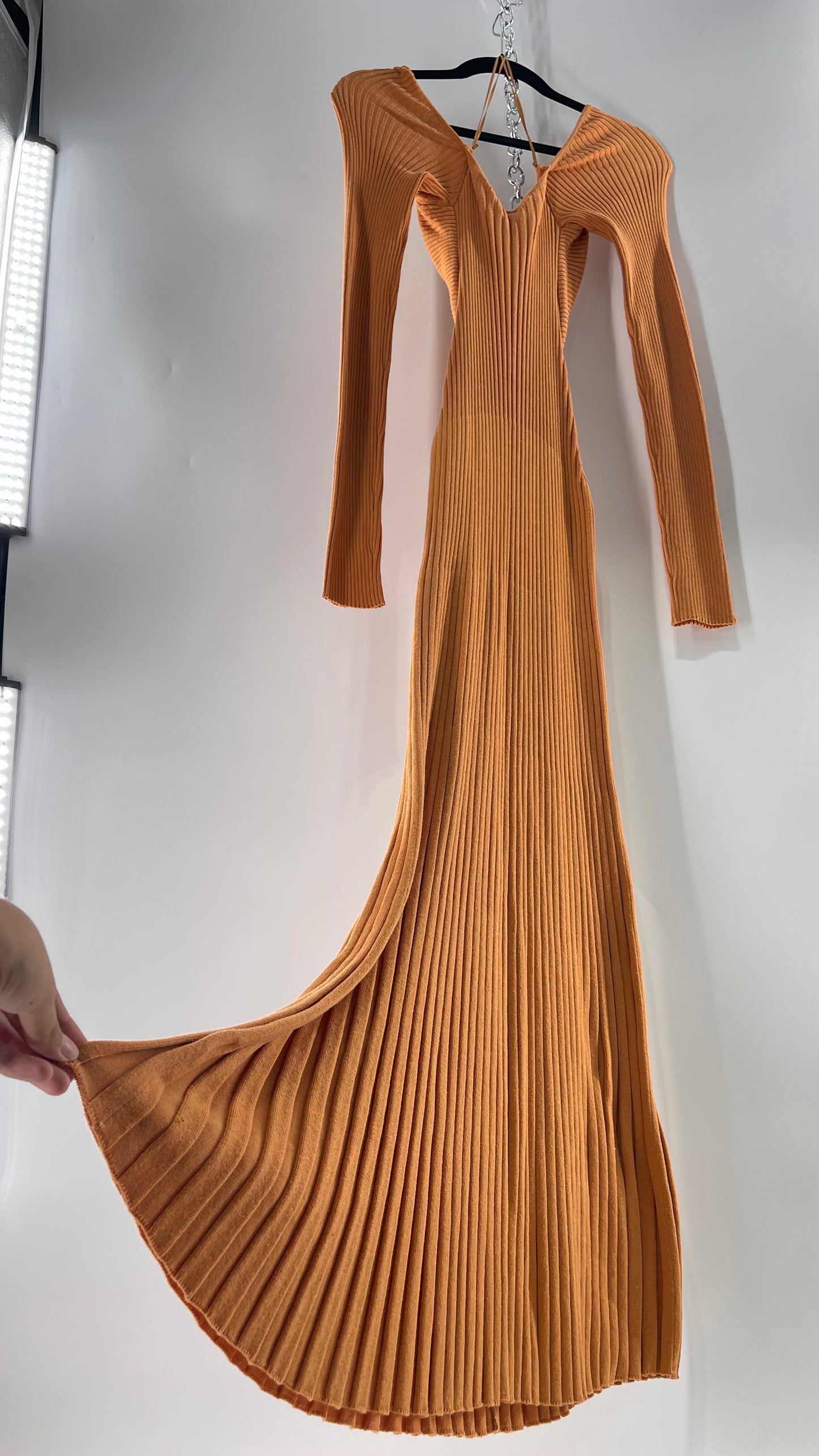 Free People Orange Ribbed Knit Maxi Dress with Cross Over Exposed Midriff Dress (Medium)