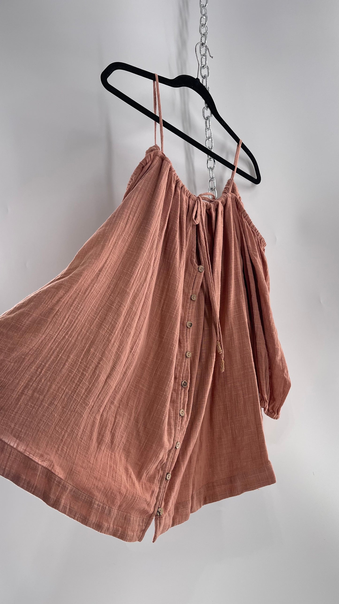 Free People Peachy Pink Coral Off the Shoulder 100% Cotton Voluminous Button Front Blouse (Small)
