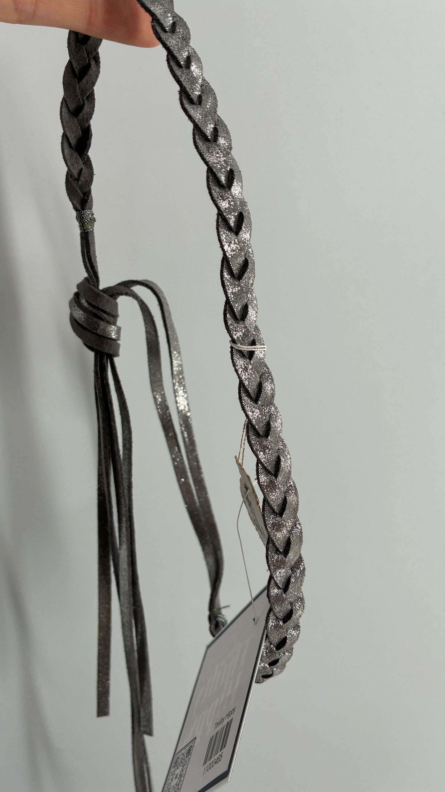 Metallic Silver Vegan Leather Braided Headband with Tags