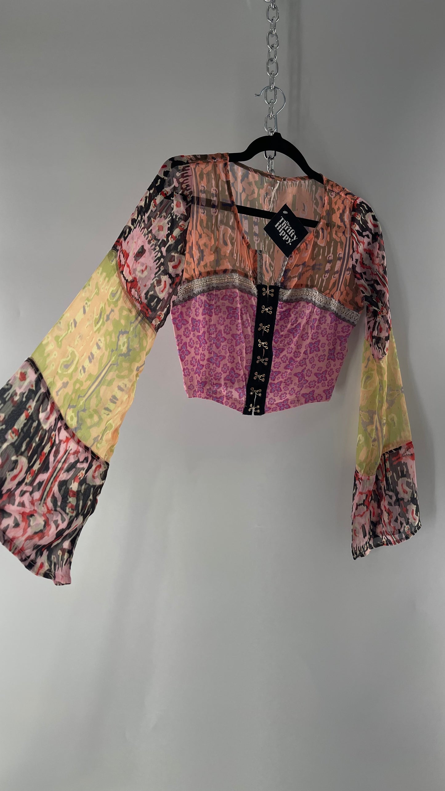 Free People Walk that Walk Mixed Pattern Sheer Bell Sleeve Colorful Crop (XS)