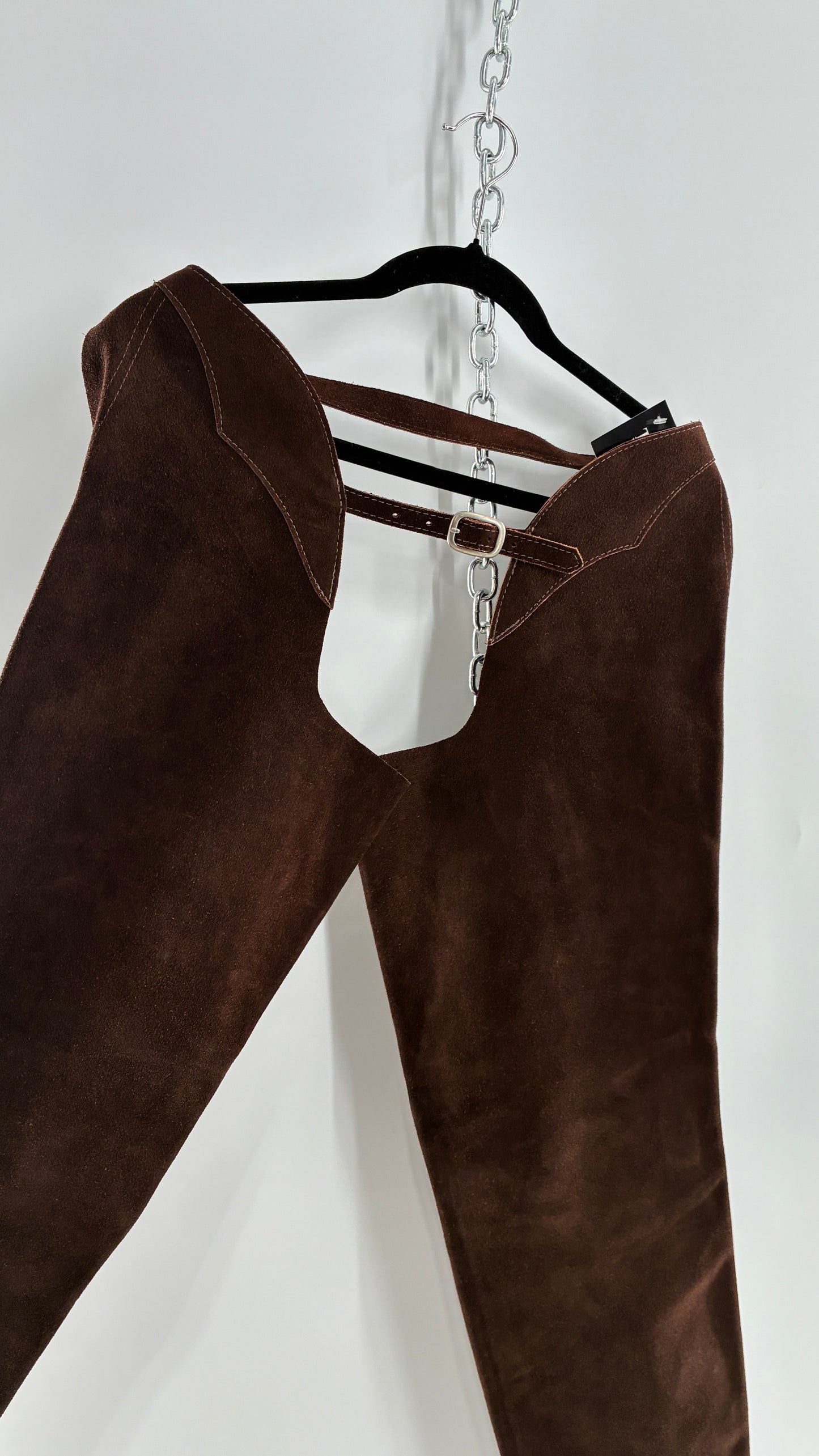 Vintage Chocolate Brown Genuine Suede Leather Chaps with Heavy Duty Side Zipper Detail (XS)