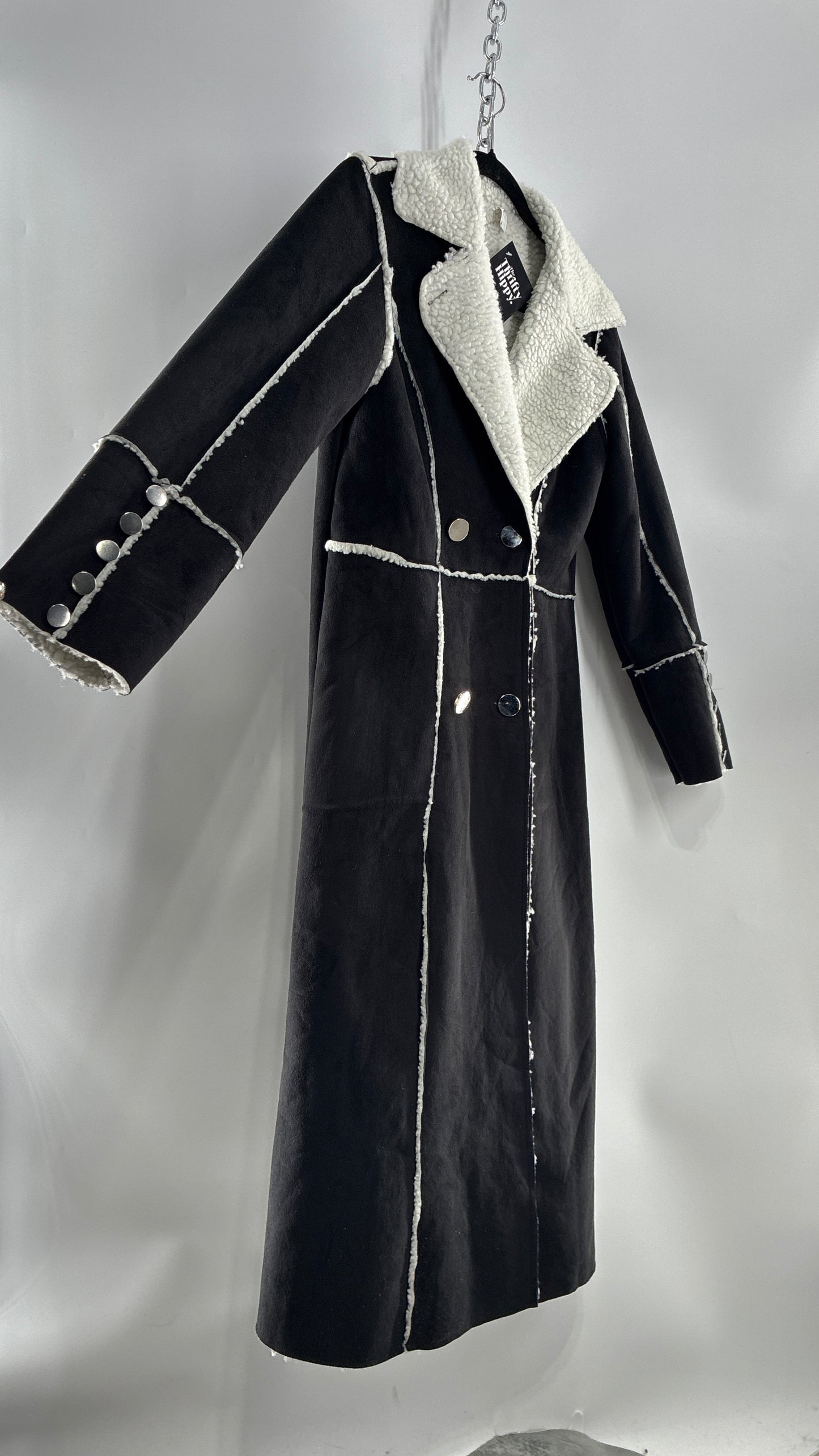 Vintage Black Vegan Suede Coat with Sherpa Lining (Medium)