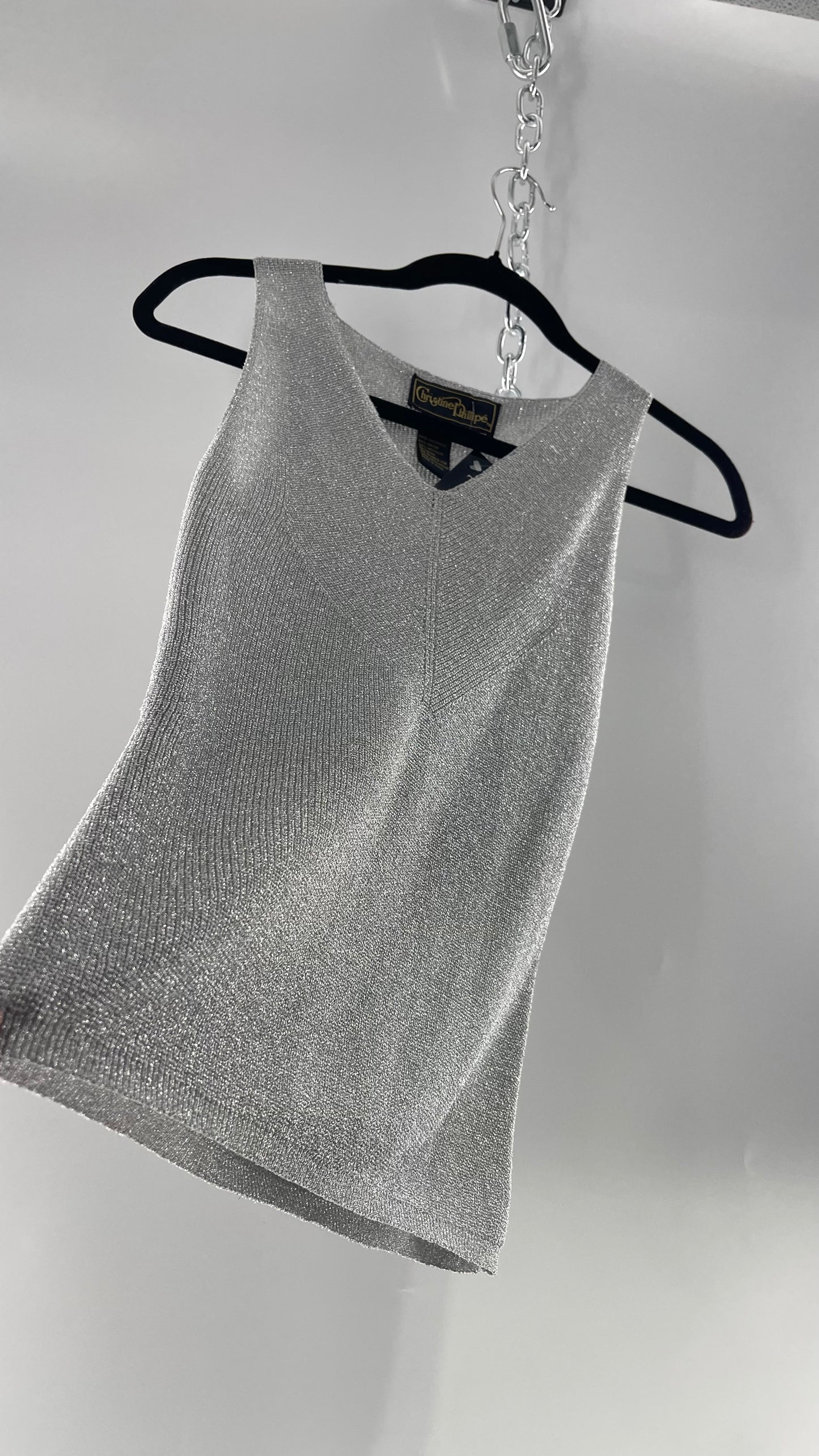 Vintage Christine Phillipe Vintage Metallic Silver Tinsel Knit Tank (Medium)