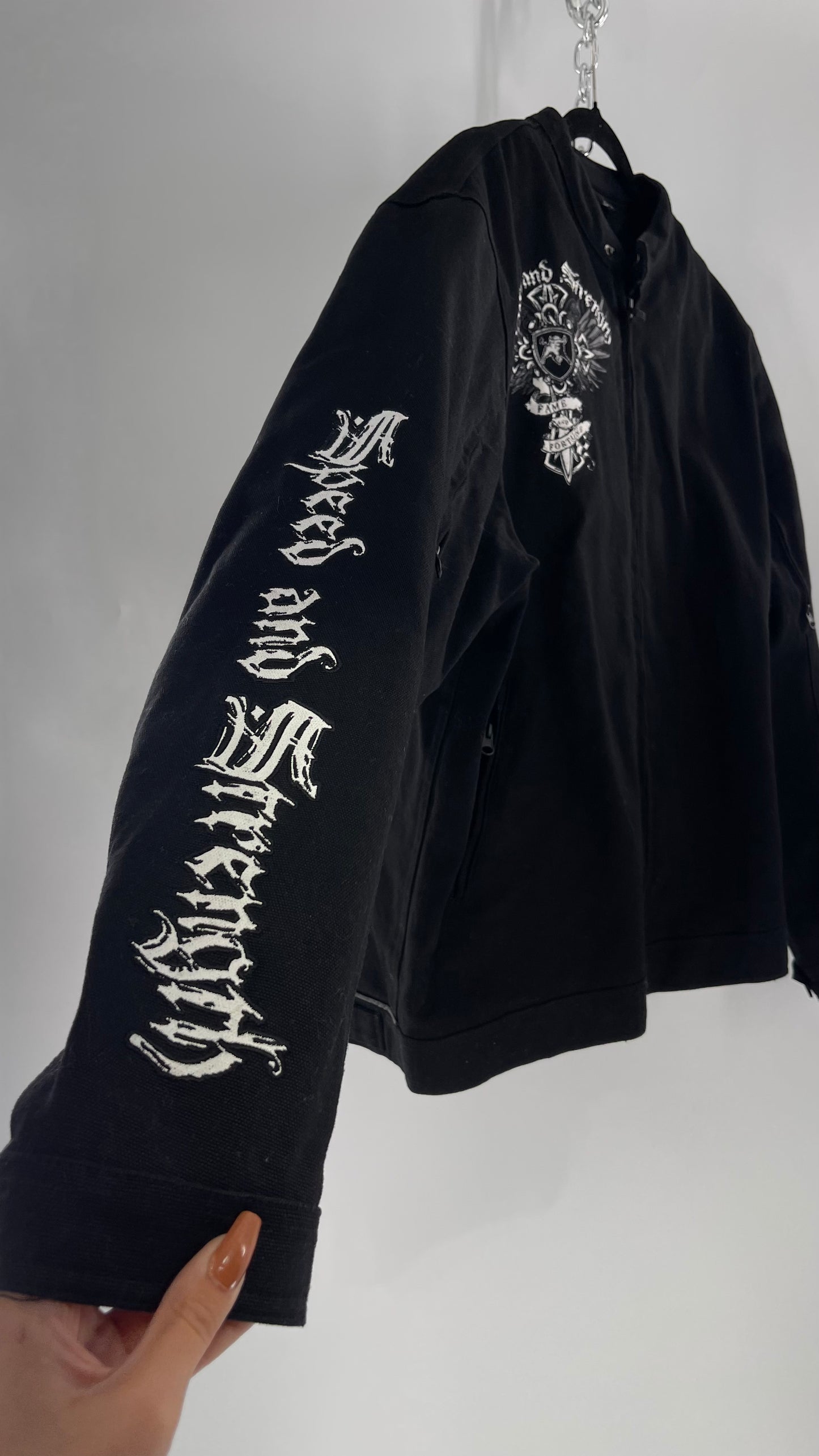 Vintage Speed + Strength Grunge Punk Riding Motorcycle Jacket with Cross Embroidery, Wings, Fame + Fortune, Speed + Strength Men’s Unisex (XXL)