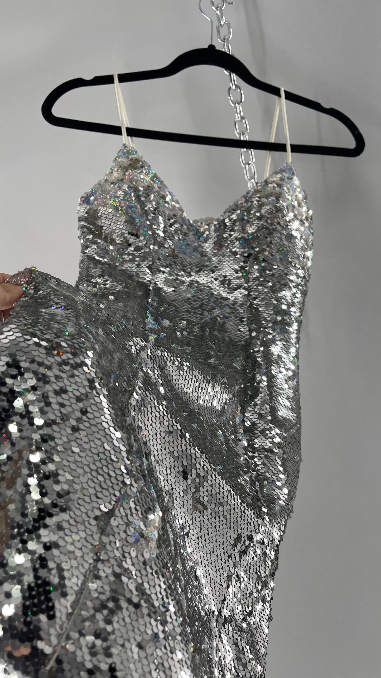 Princess Polly Silver Iridescent Sequin Mini Dress with Triangle Cups and Thigh Slit (0)