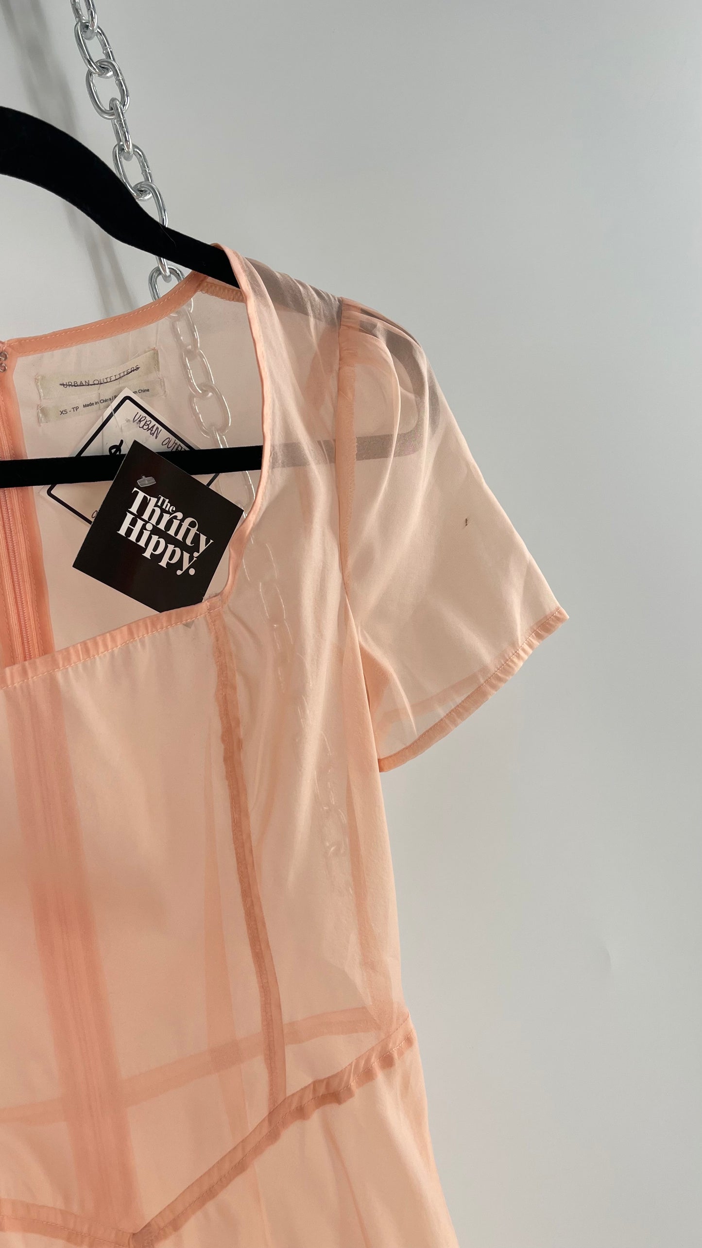 Urban Outfitters Pink/Peach Voile Vintage Inspired MIDI Dress with Ruffled Hem (XS)