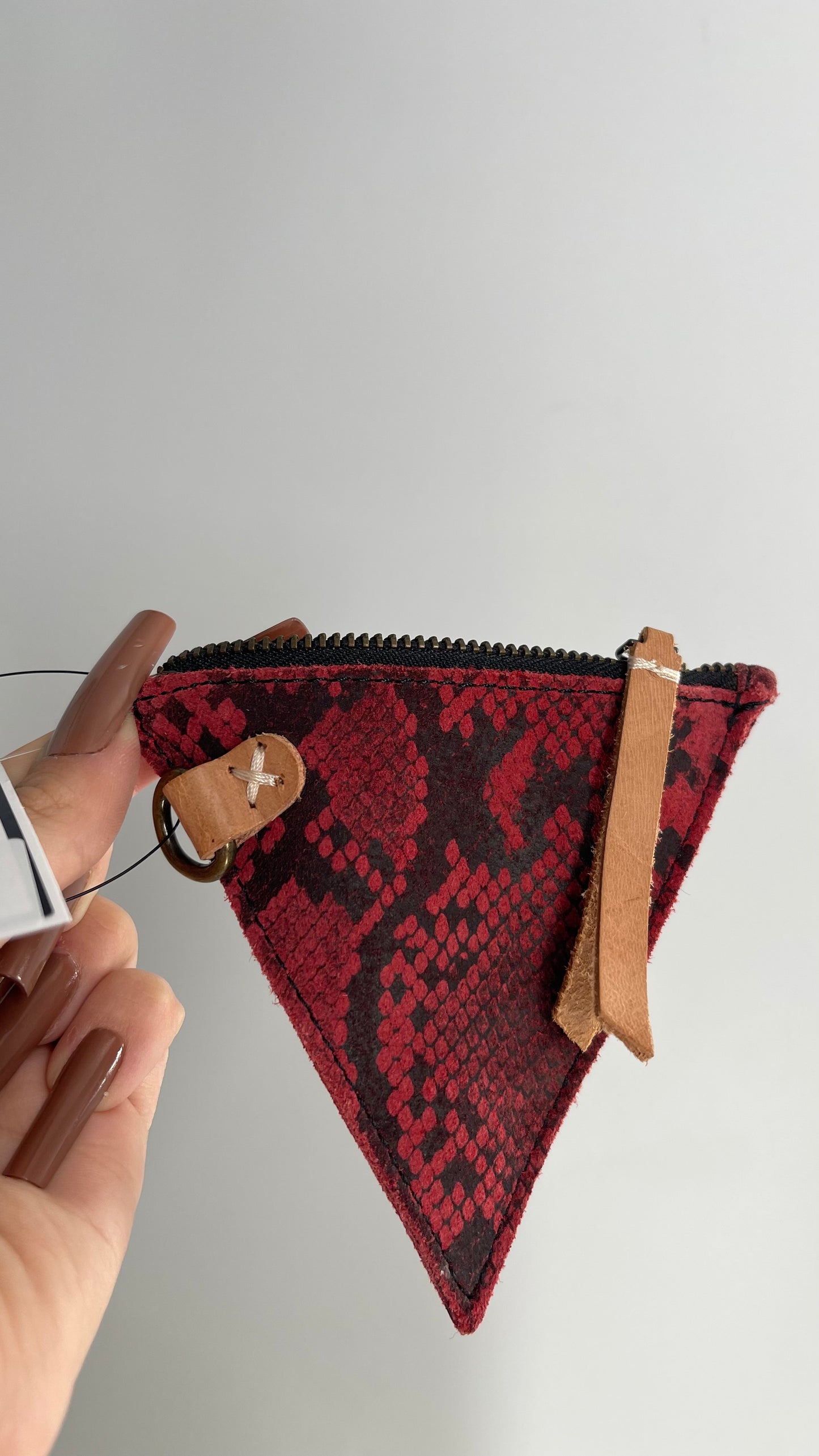 Free People Red Suede Leather Snake Patterned Triangle Belt Coin Pouch