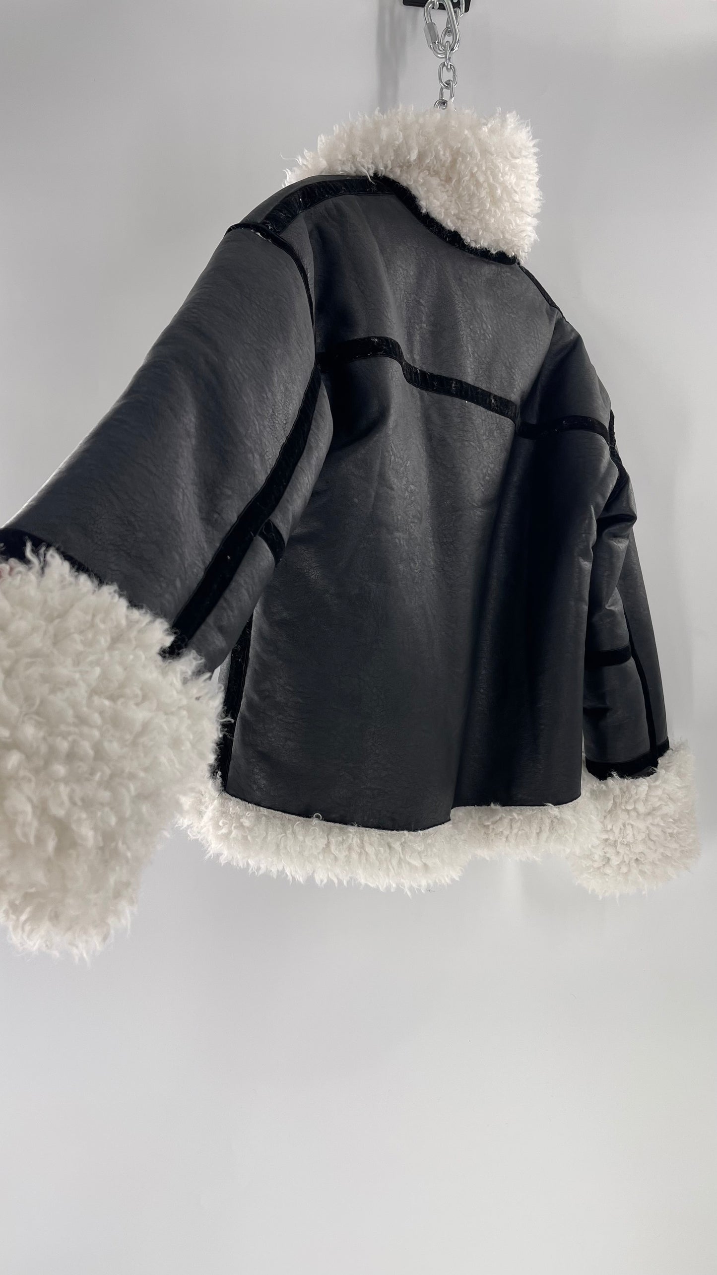 LIONESS Phoenix Jacket Black Faux Leather White Fur Trim (Large)