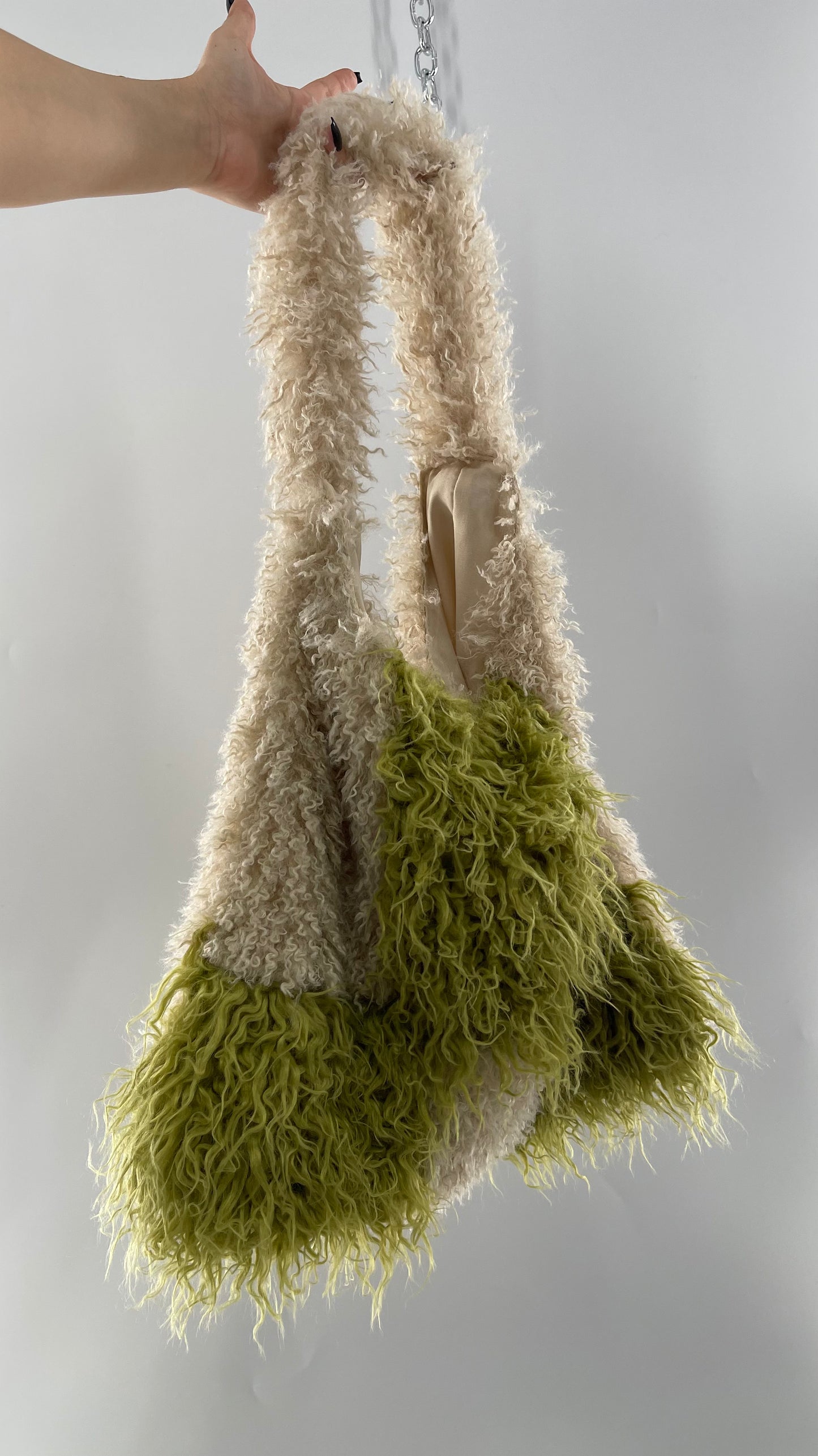 Free People Shaggy Green Beige Checkered Tote