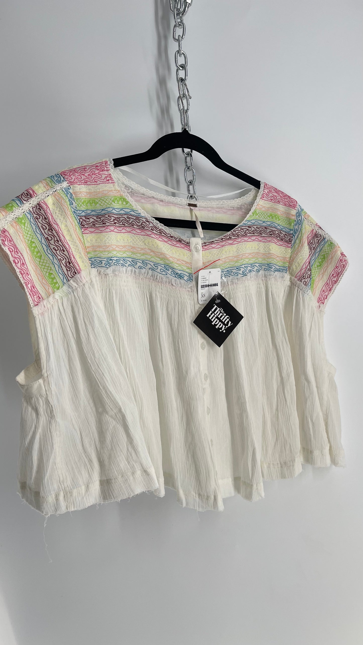 Free People Crimped White Colorful Embroidery with Tags Attached (XS)