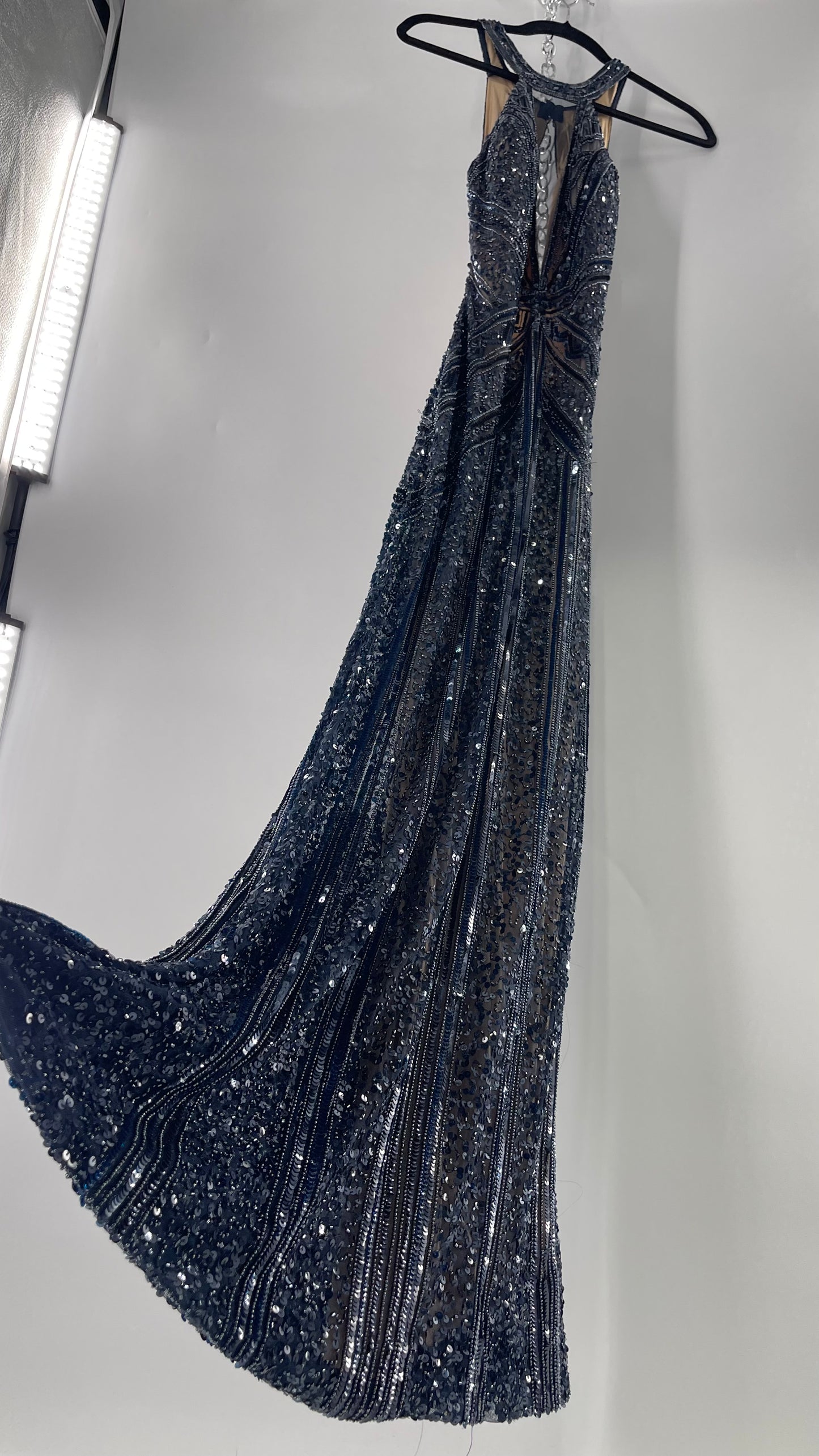 Vintage SCALA Navy Blue Beaded Floor Length Gown with Plunging Neckline, Backless Detail, and Tan Underlay (C)(4)