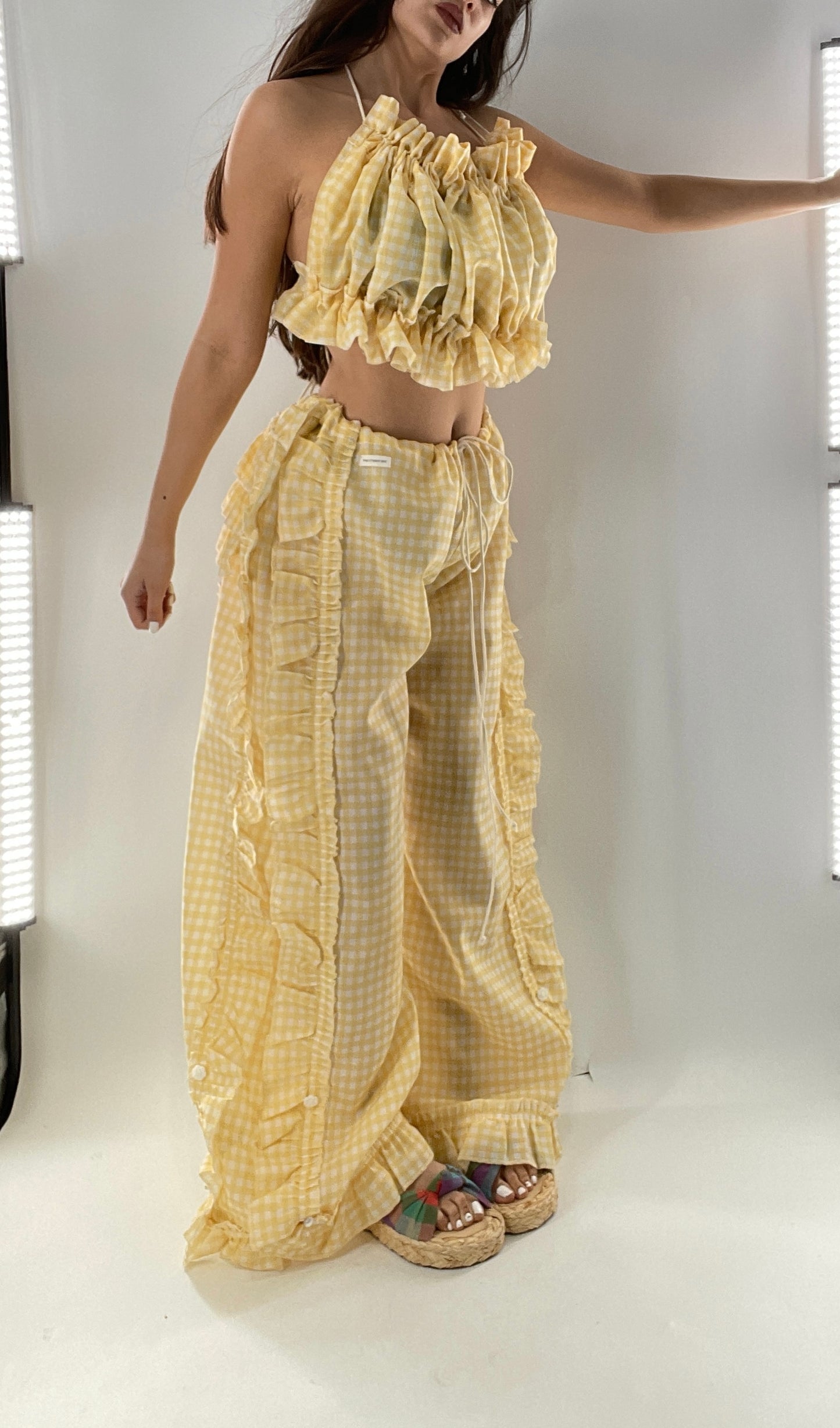 Vintage 2 Piece Yellow Checkered/Gingham Patterned Picnic Set with Ruched Bust Top and Ruffle Side Wide Legs with Adjustable Length, Strap Up Buttons on Hem (One Size)