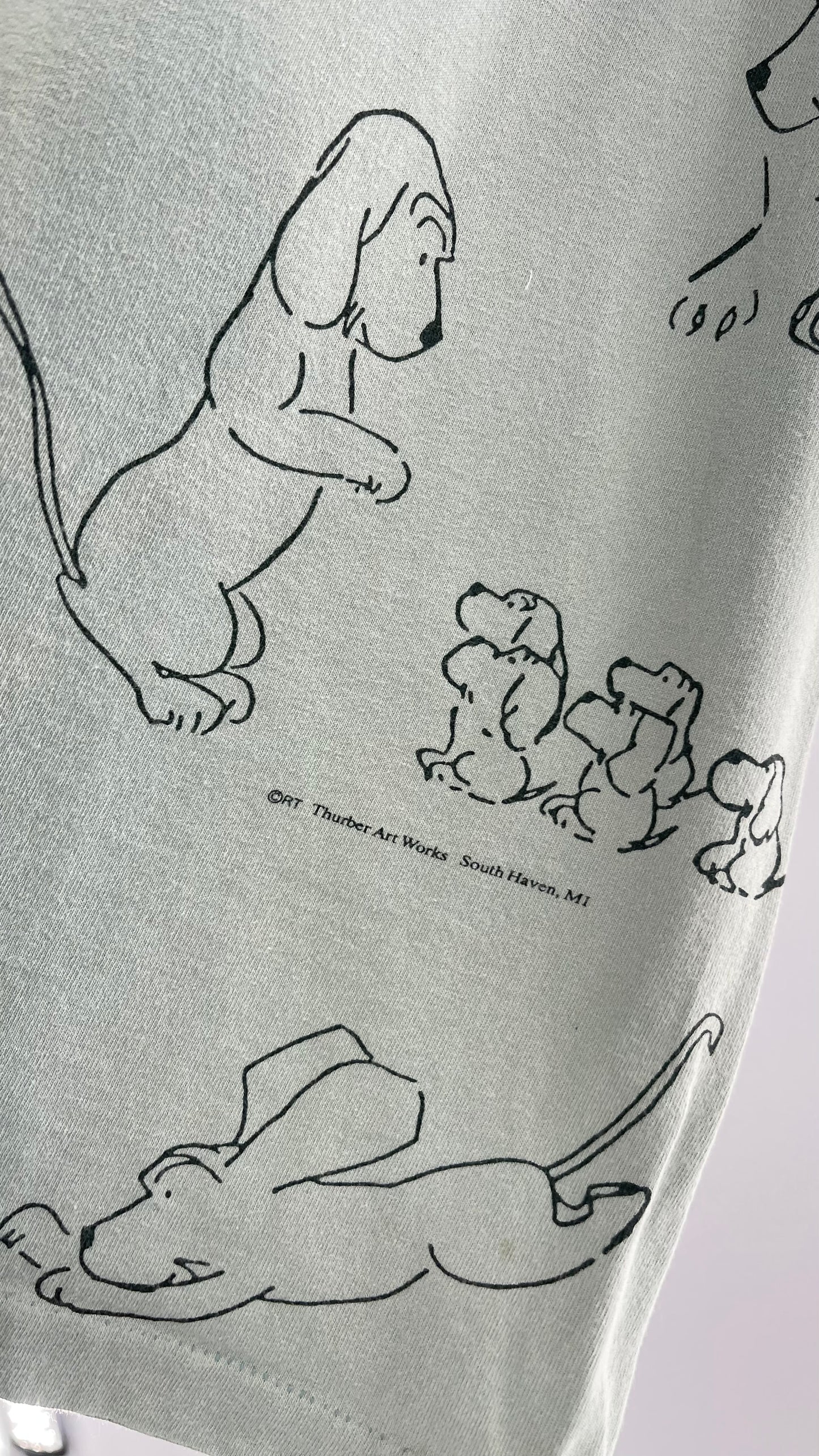 Vintage James Thurber Light Sage Nostalgic Puppy Doodle Comic Sketch T Shirt (XL)