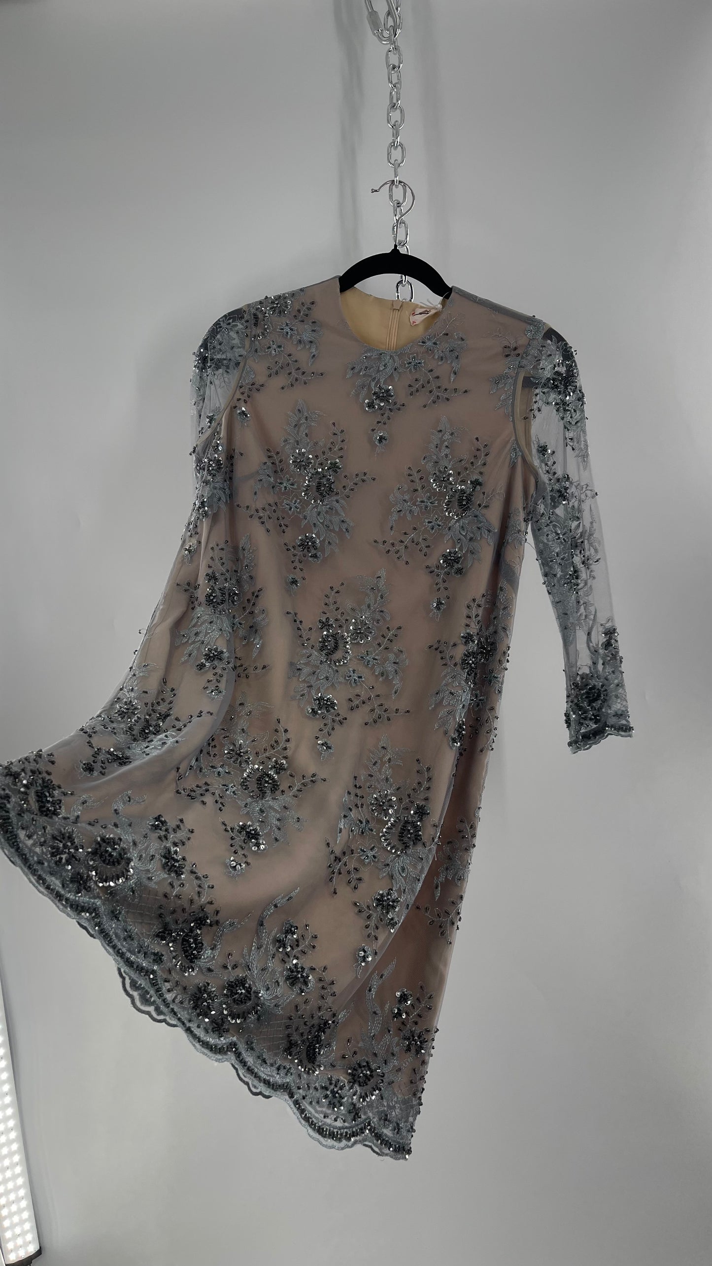 Koravilas Anthropologie Grey Mesh Embroidered Lace Long Sleeve Beaded Dress (4)