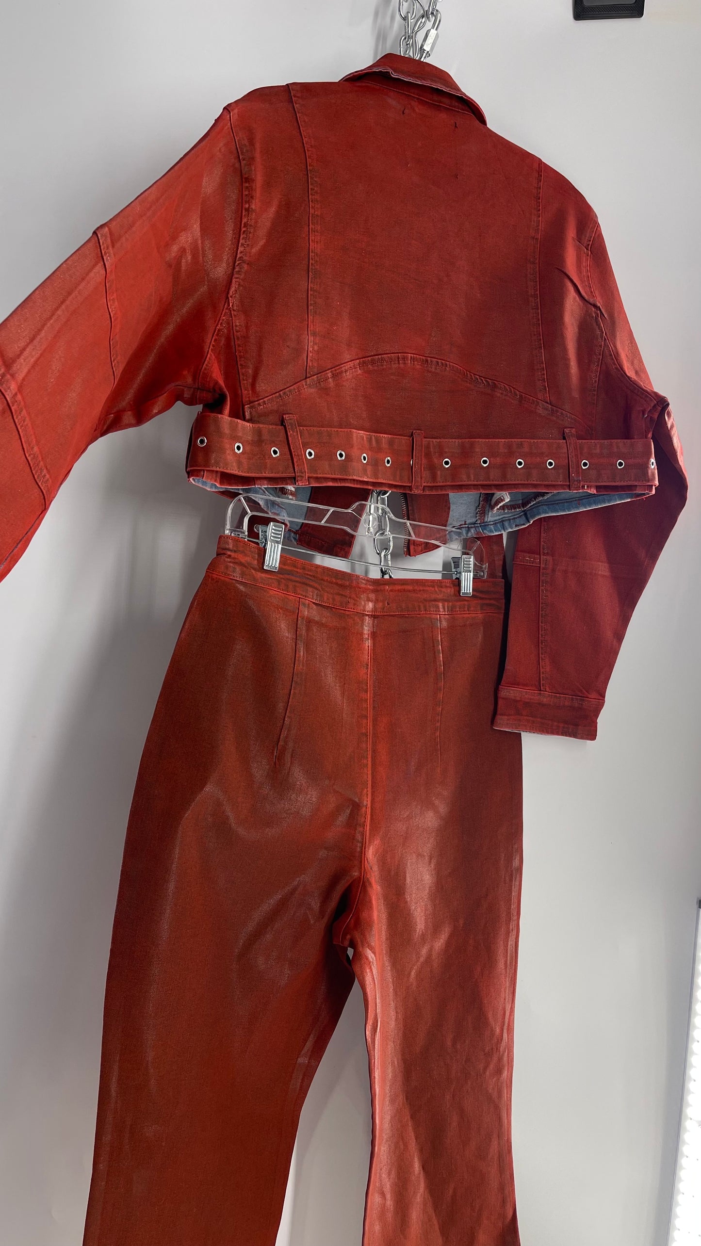 Fashion Nova Red Waxed Denim Cropped Motorcycle Jacket with Flared Jean Set and Tags Attached (XL/15)