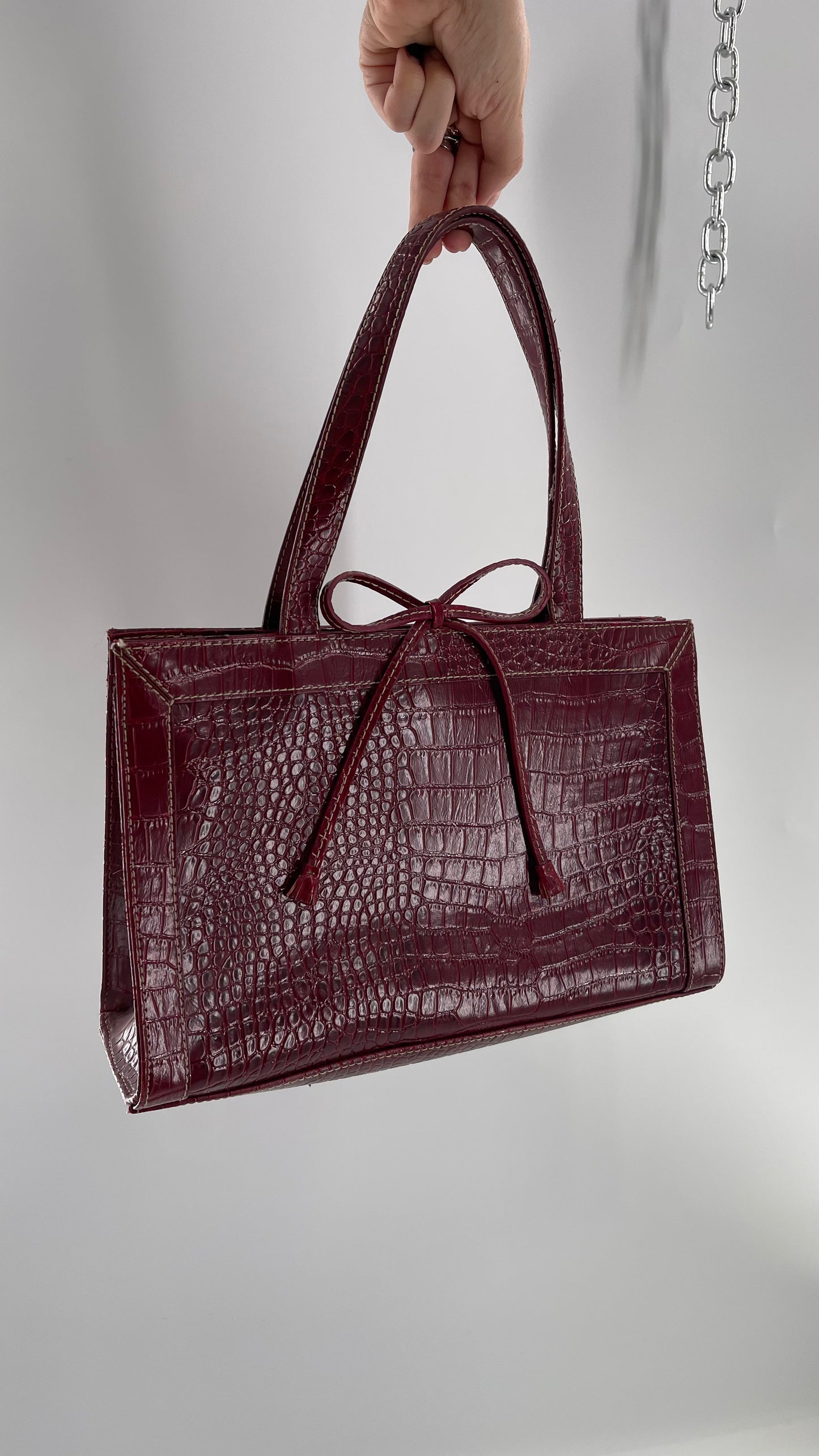 Vintage Liz Claiborne 1990s Cherry Red Crocodile Embossed Structured Bow Bag