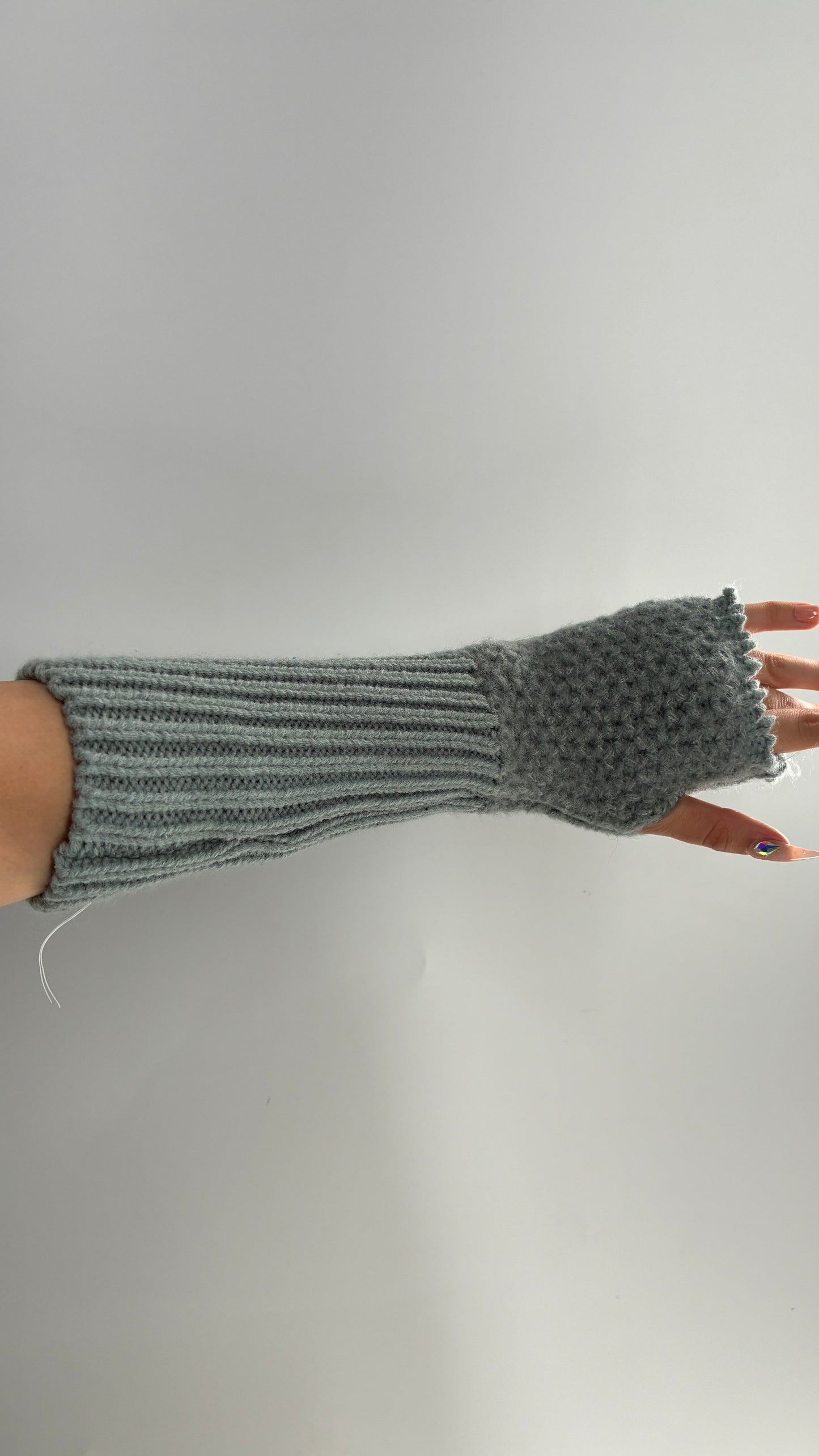 Free People Distressed Grey Blue Distressed Knit Fingerless Arm Warmer Gloves