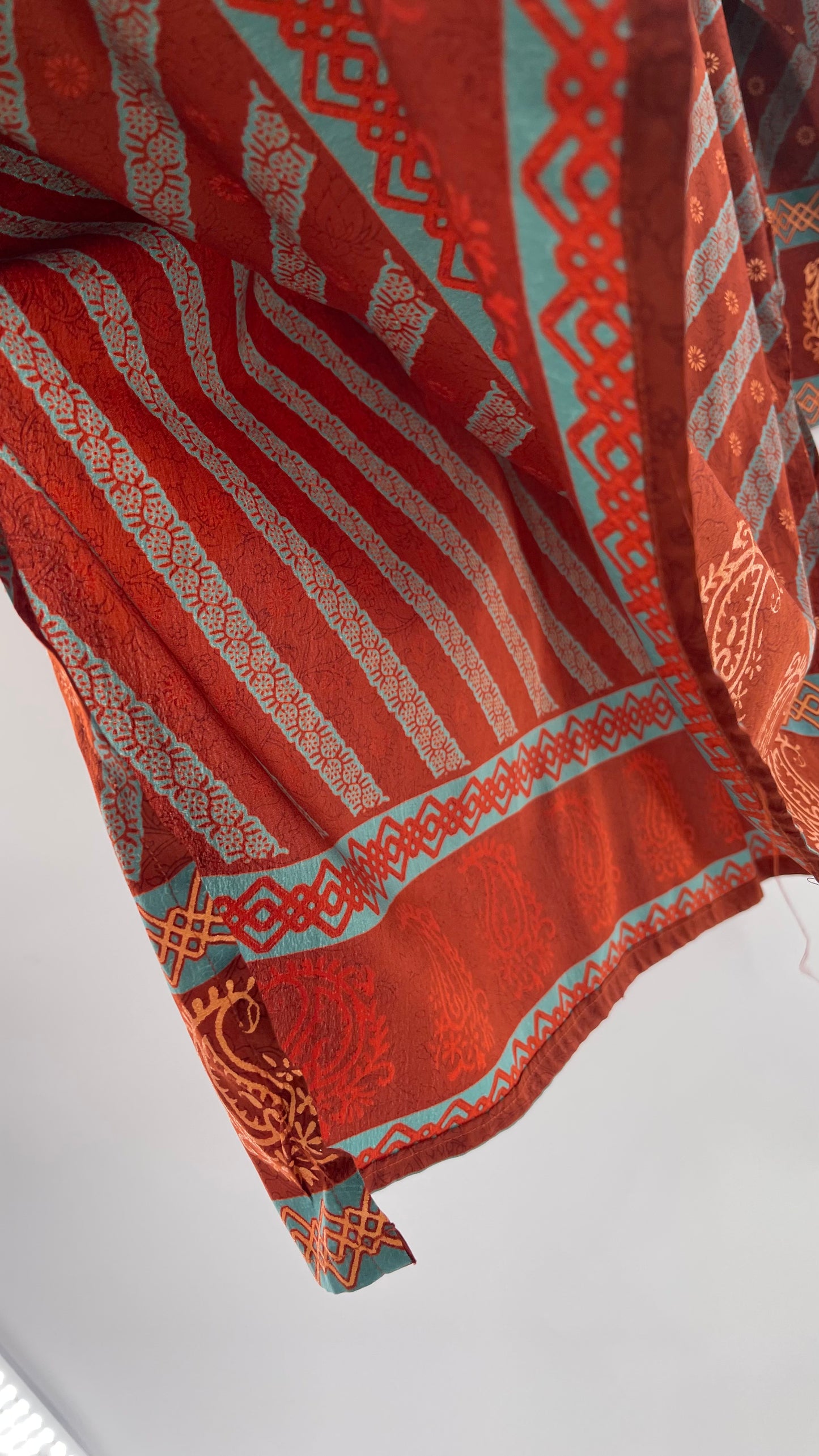 Vintage 1970s Indian 100% Silk Tunic Burnt Orange, Teal and Gold (40)