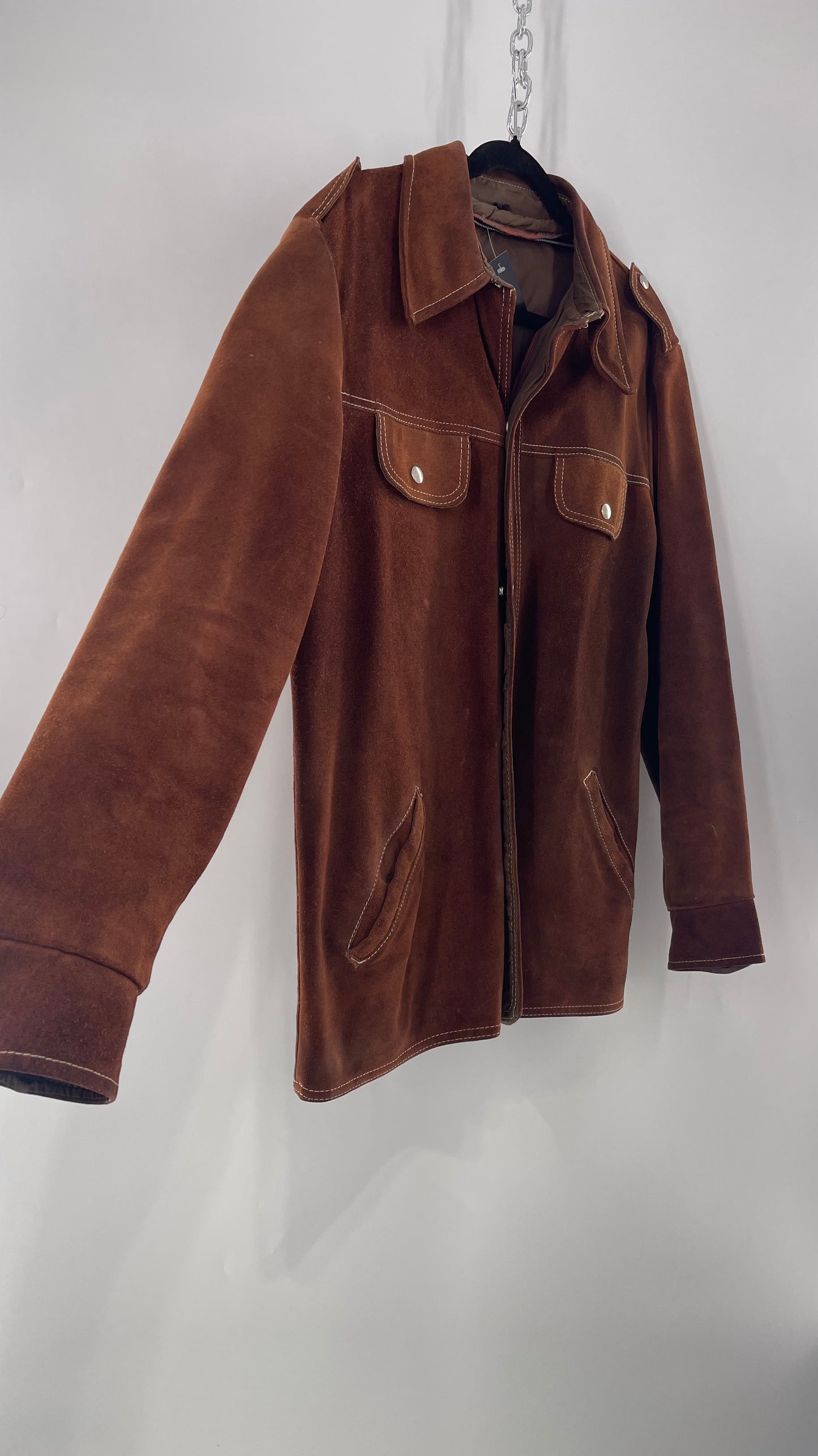 Vintage Brown Suede Jacket with Contrast White Stitching (C)(Large)