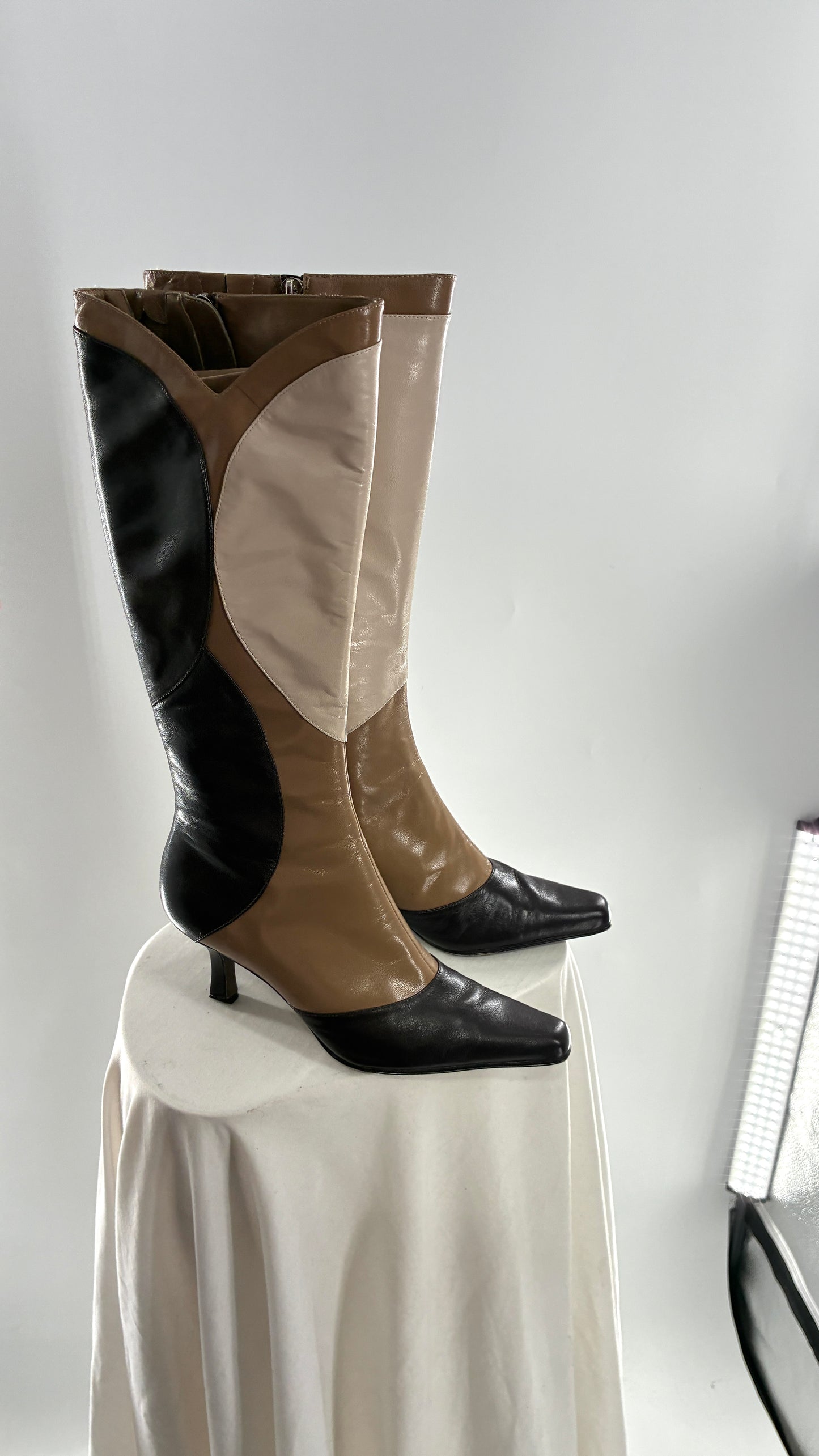 Vintage ANN MARINO Knee High Pointed Toe Abstract Patchwork Boots (6.5)