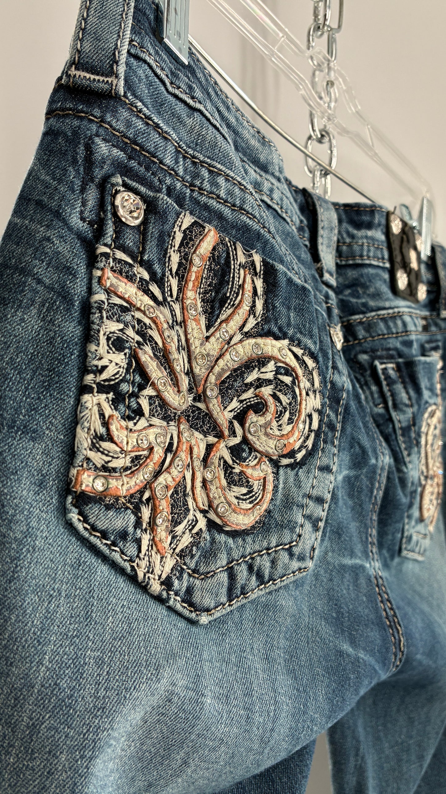 Vintage MISSME Kick Flare Jeans with Embroidered Pockets with Rhinestone Detailing (28)