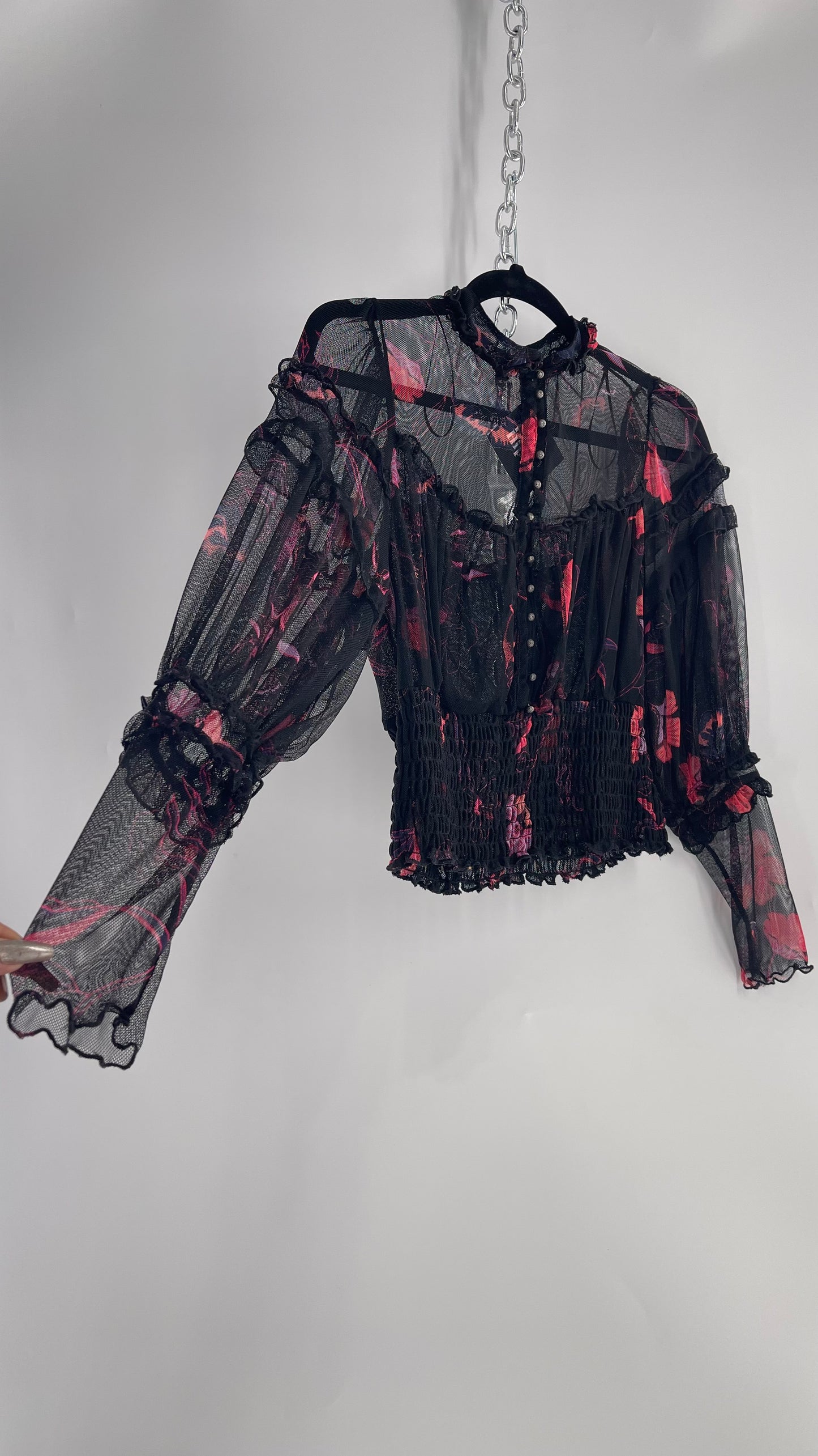 Free People Black Mesh Top with Smocked Waist, Buttoning and Contrasting Florals (Medium)