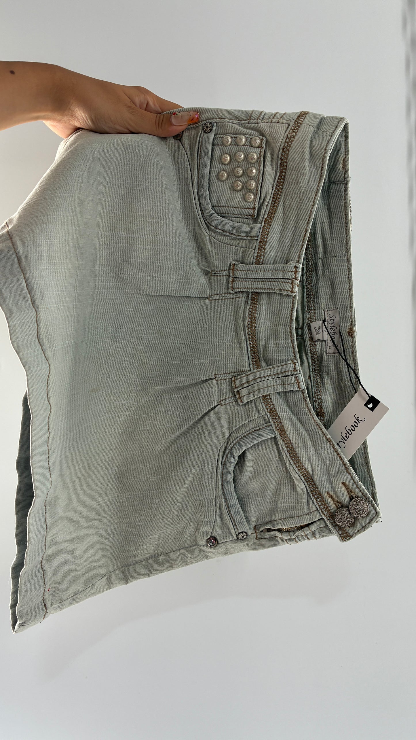 Deadstock Vintage Stylebook Light Denim Mini Skirt with Heavy Engraved Studs and Pleated Details (Small)