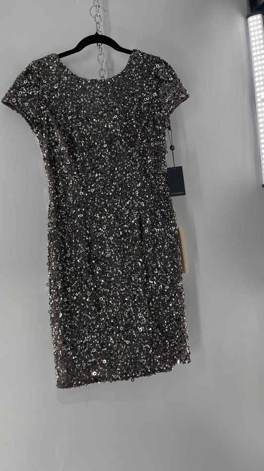 Adriana Papell Grey/Silver Short Sleeve Mini Dress Covered in Beads and Sequins (6)