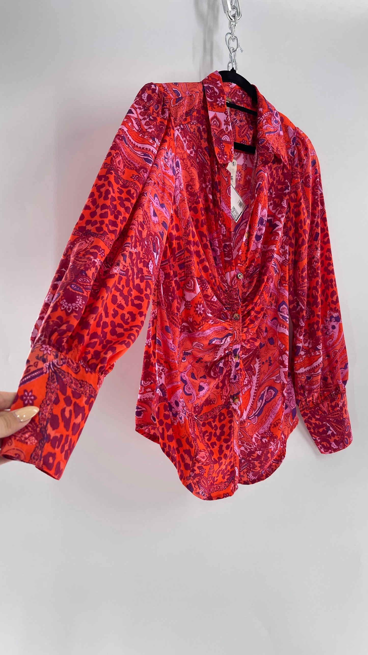 Free People Red, Neon Orange Leopard Paisley Patterned Button Front(Medium)