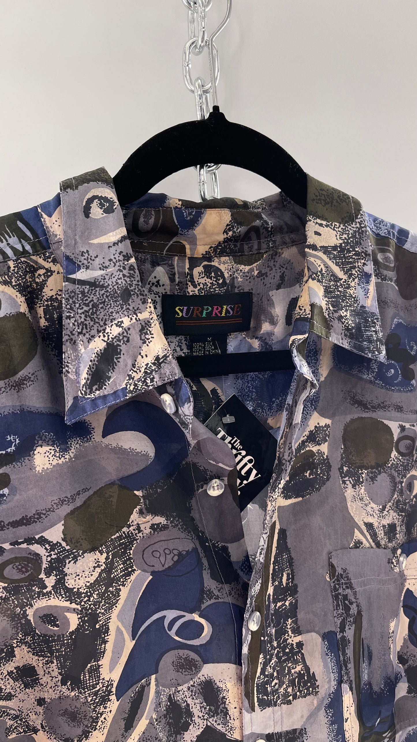 Vintage SURPRISE 100% Silk Blue Green Patterned Short Sleeve Button Up (Medium)