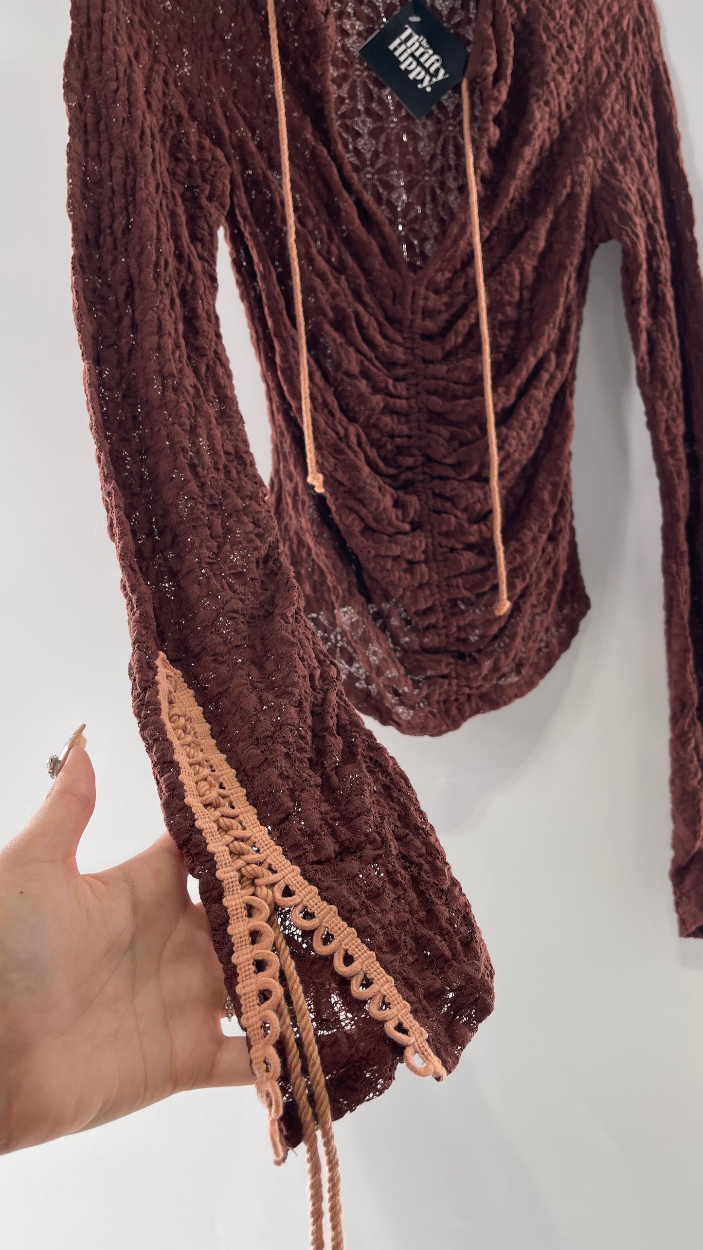 Free People Burgundy Lace Long Sleeve with Pink Lace Up Sleeve Detail (Medium)
