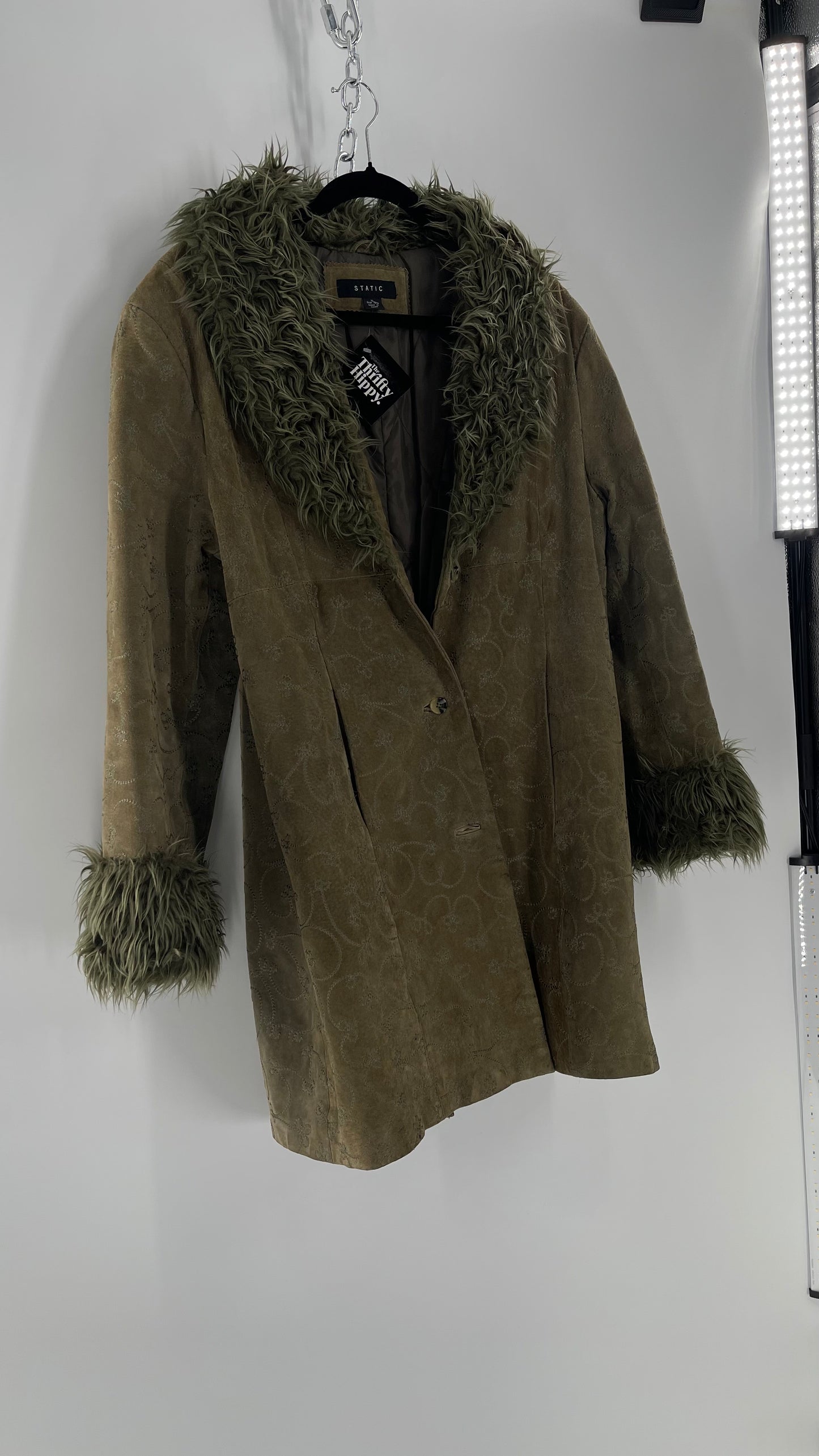 Vintage STATIC Embroidered Genuine Leather Coat with Fur Cuffs and Collar (C) (XL)