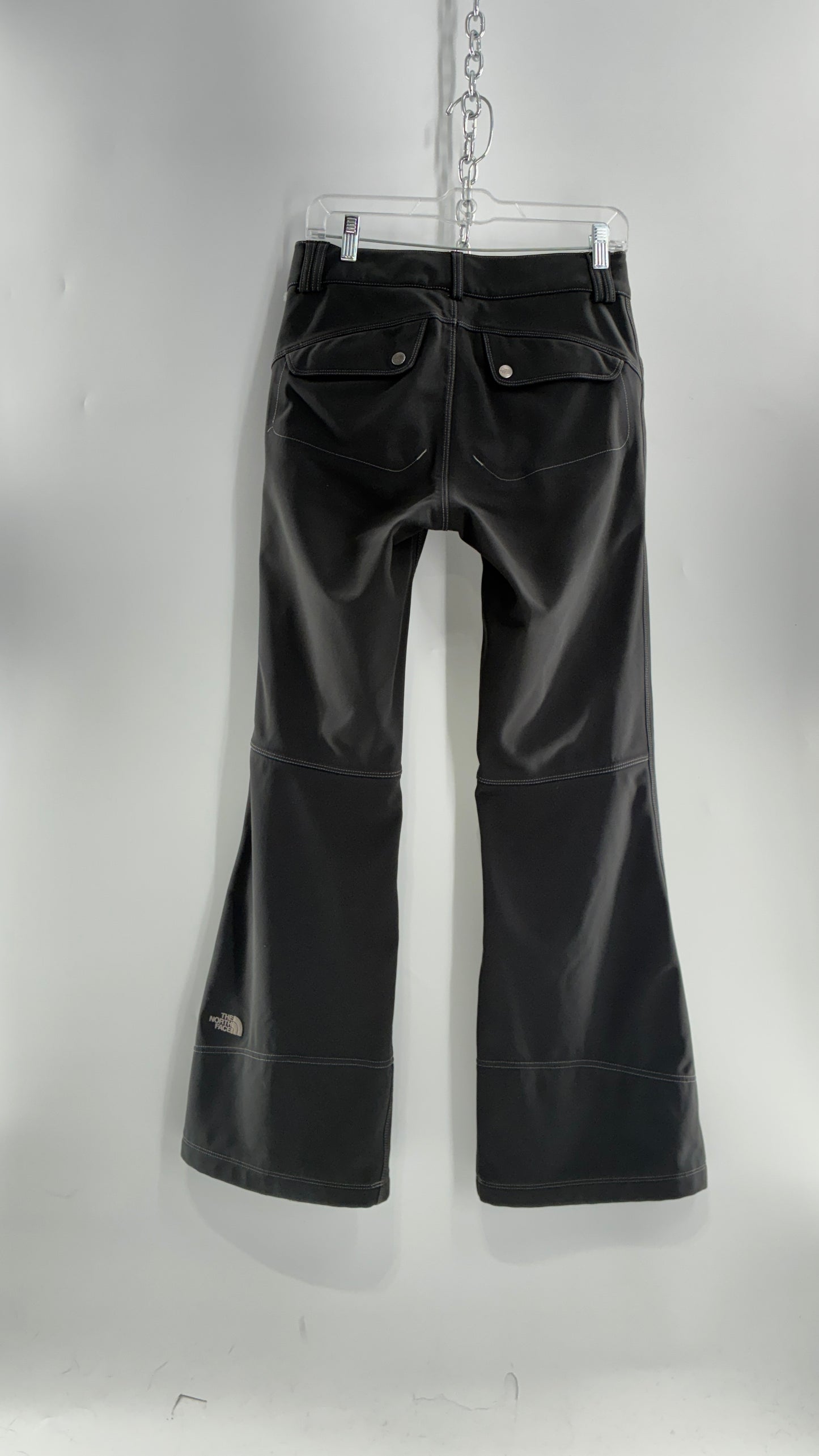 Vintage North Face Dark Gray, Low Rise, Kick Flare Pants with Contrast Stitching, Side Closure and Oversized Bum Pockets (Small)