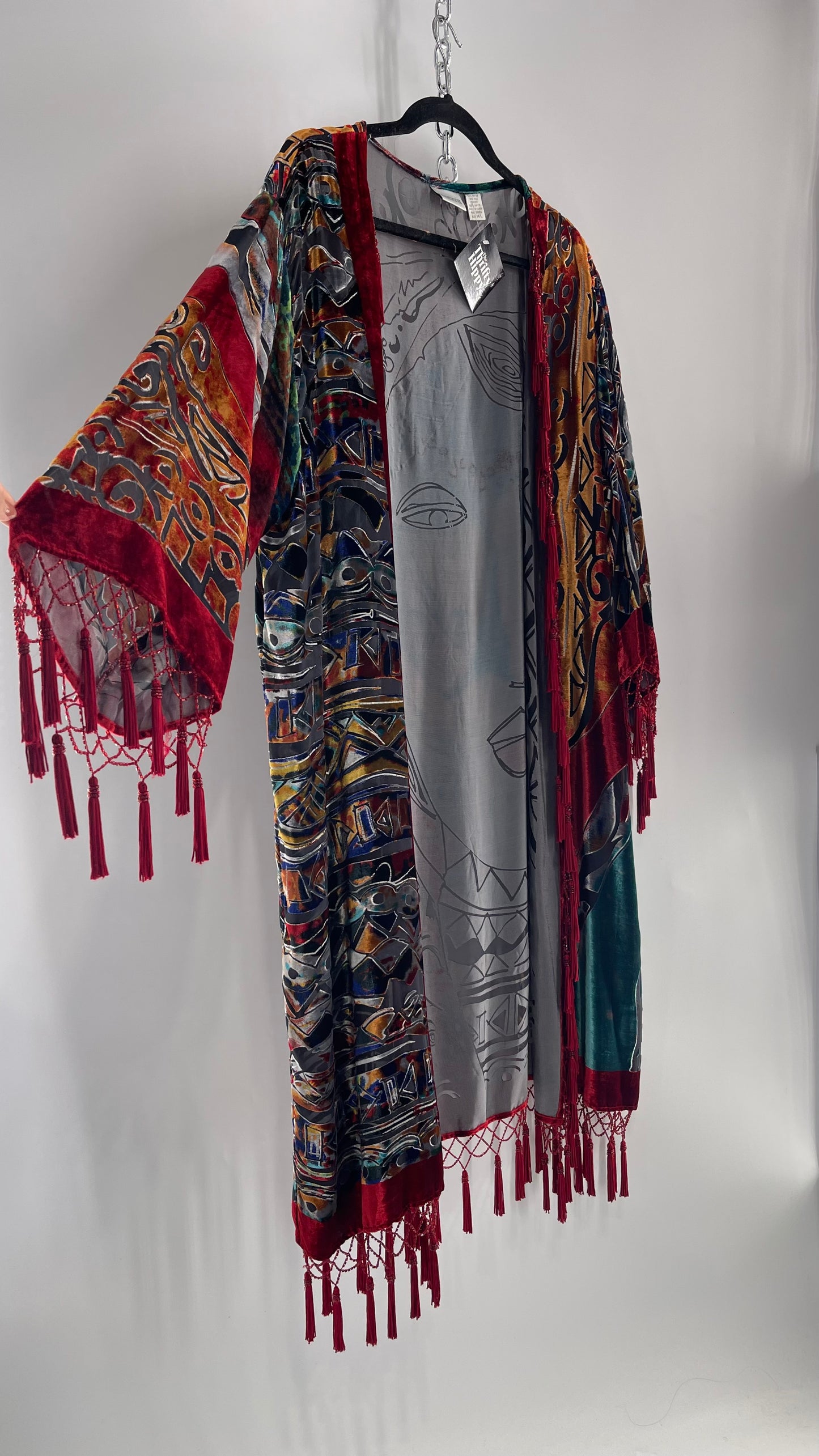 Vintage Burnout Buddhist Motif Velvet/Velour Beaded Fringe Duster Coat/Kimono with Tassel Sleeves and Hems (M/L)