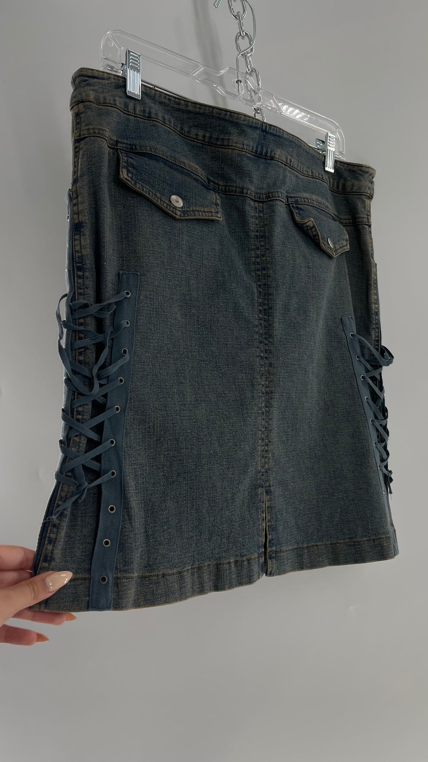 Vintage More Feminine w/o Limits Denim Skirt with Grommet Lace Up Sides and Fade (42)